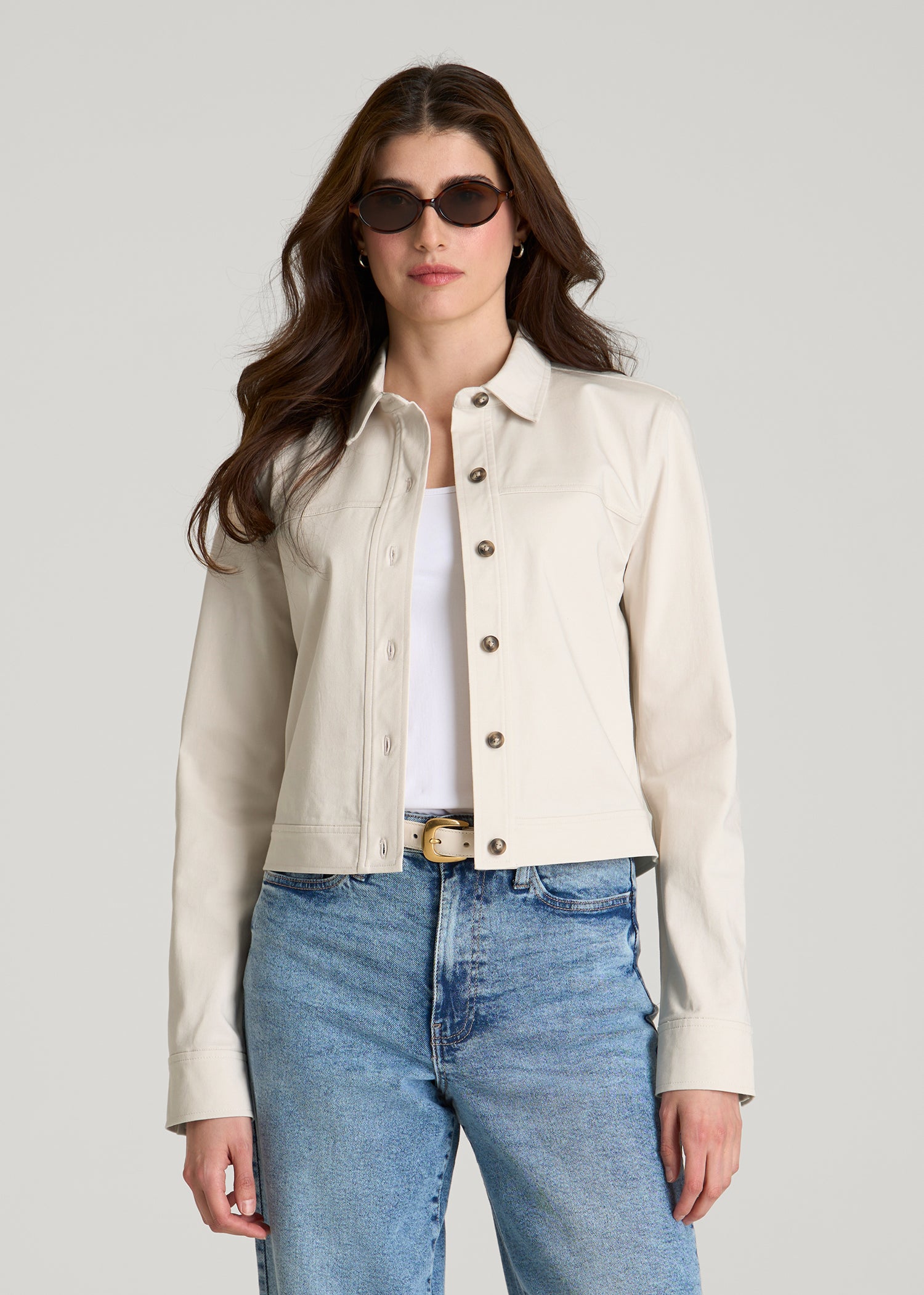 Cropped Stretch Cargo Jacket for Tall Women in White Sand