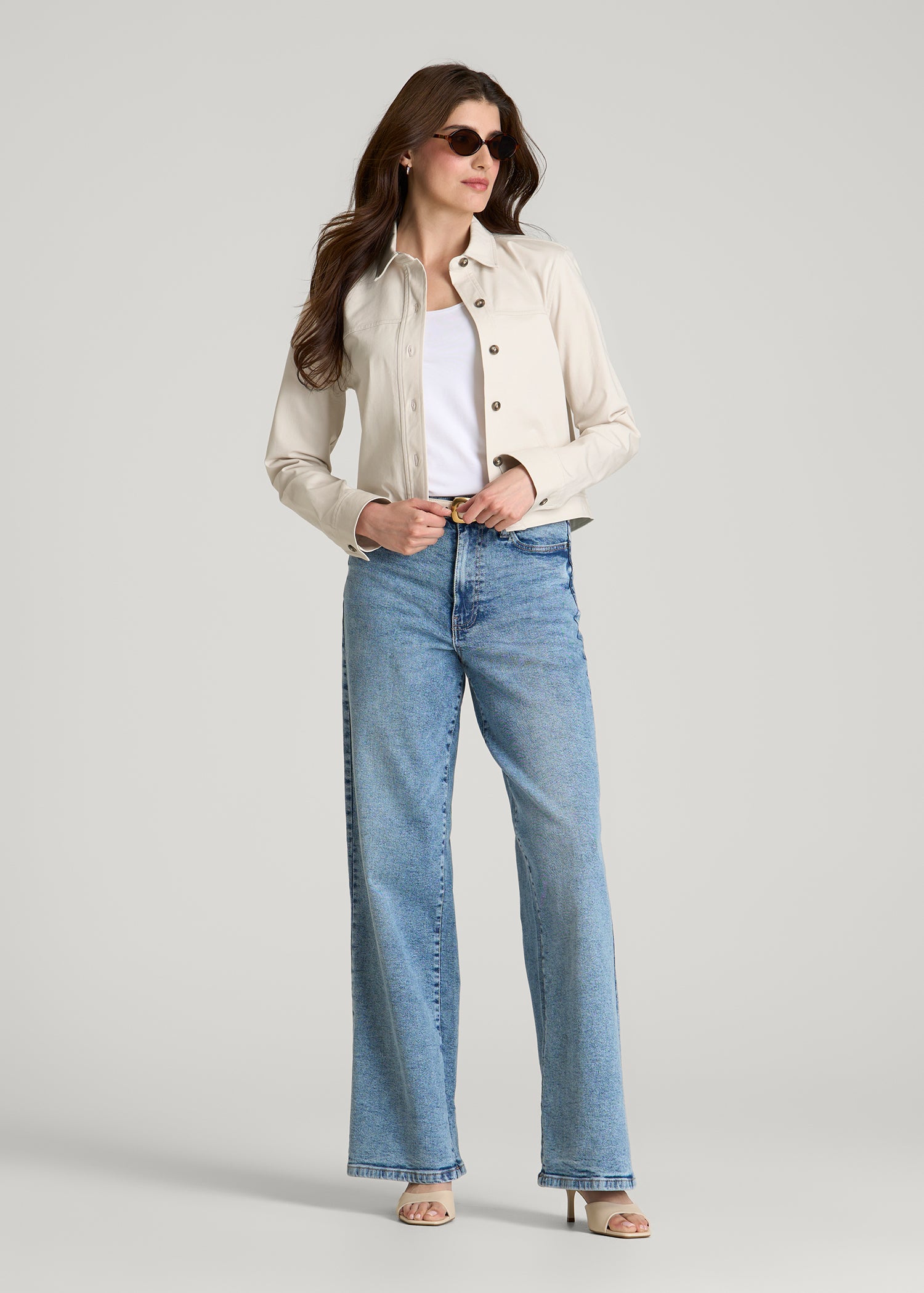 Cropped Stretch Cargo Jacket for Tall Women in White Sand