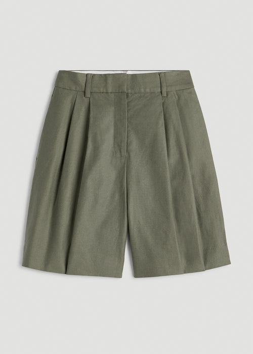 Stretch Cotton Linen Blend Pleated Shorts for Tall Women in Olive