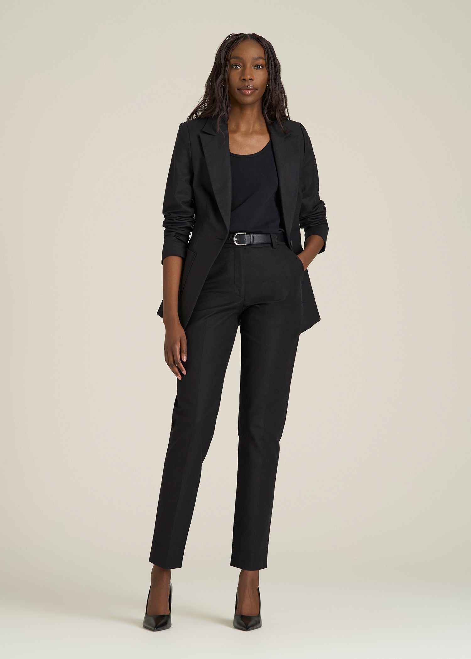 Stretch Linen Blend Dress Pants for Tall Women in Black