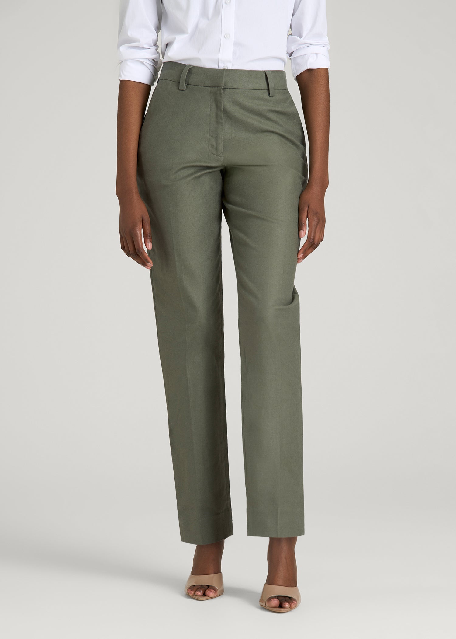 Stretch Linen Blend Dress Pants for Tall Women in Olive