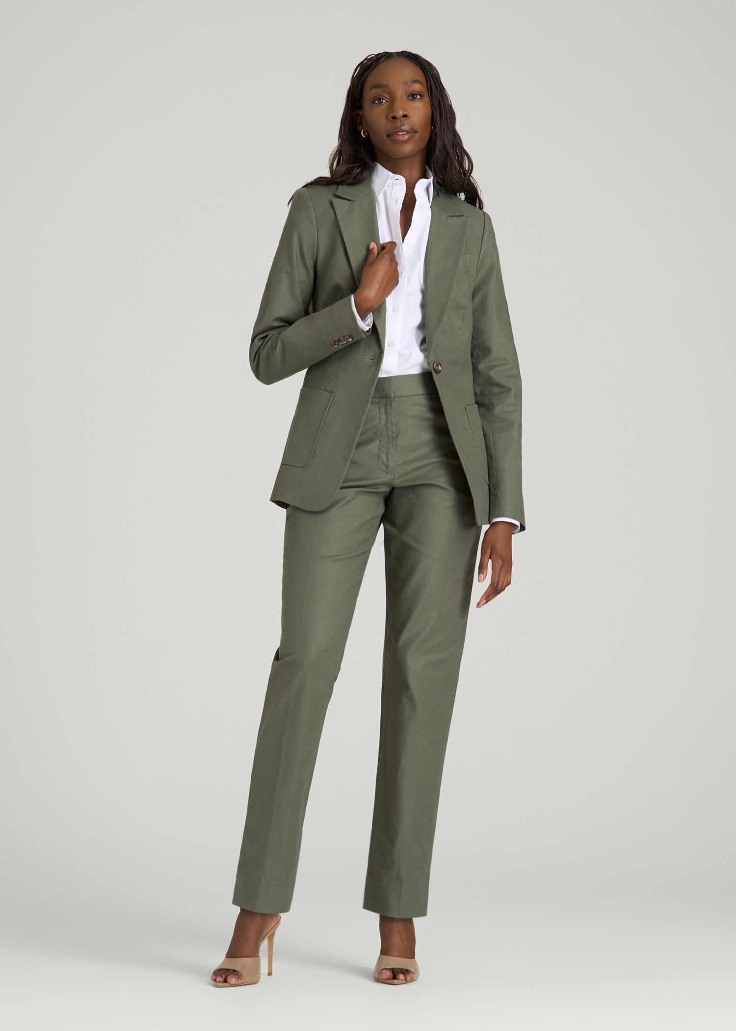Stretch Linen Blend Dress Pants for Tall Women in Olive