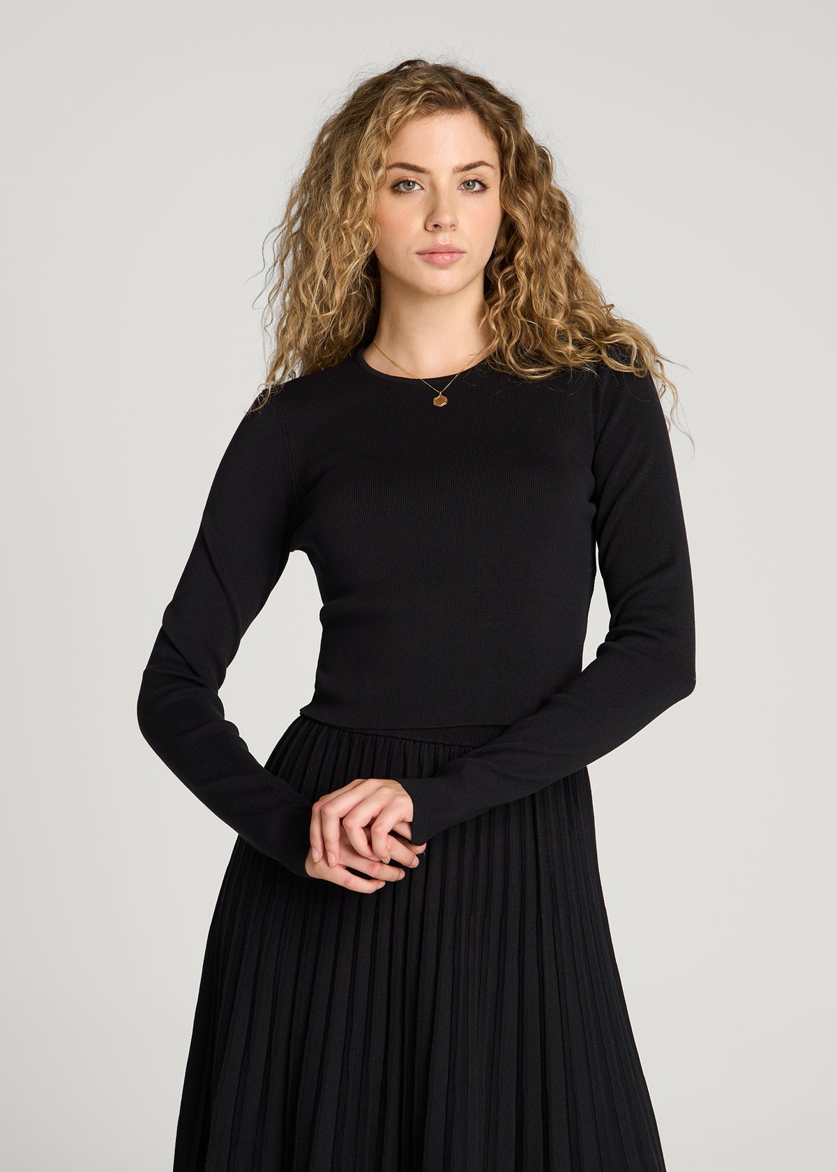 Structured Knit Cropped Long Sleeve Top for Tall Women in Deep Black
