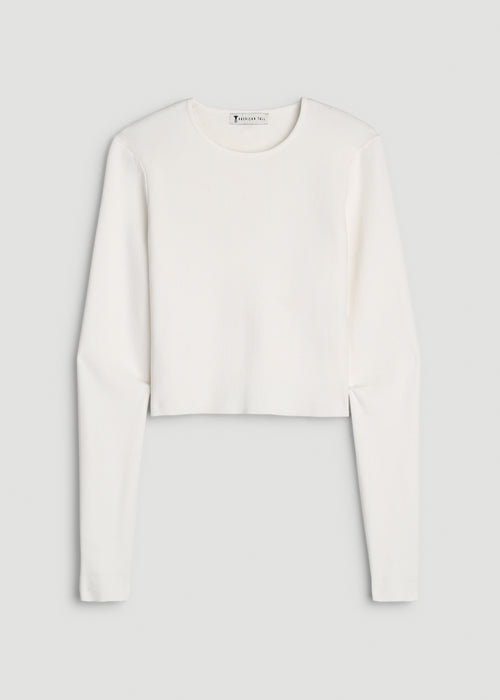 Structured Knit Cropped Long Sleeve Top for Tall Women in White Alyssum