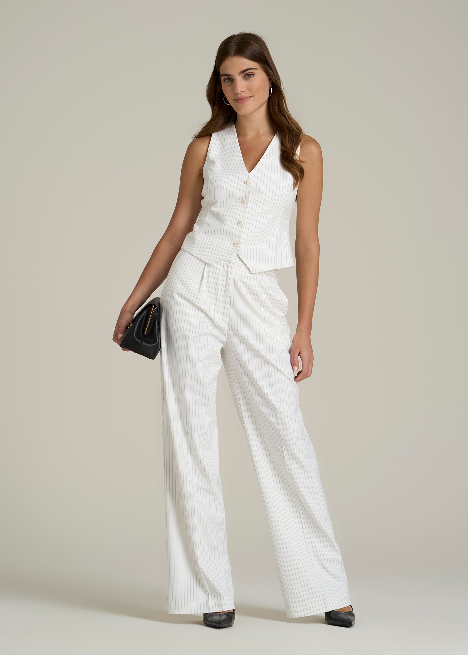 Tailored Vest for Tall Women in Off White Pinstripe