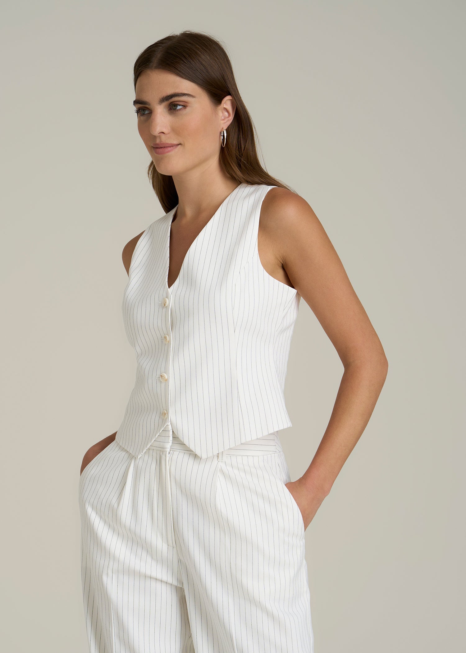 Tailored Vest for Tall Women in Off White Pinstripe