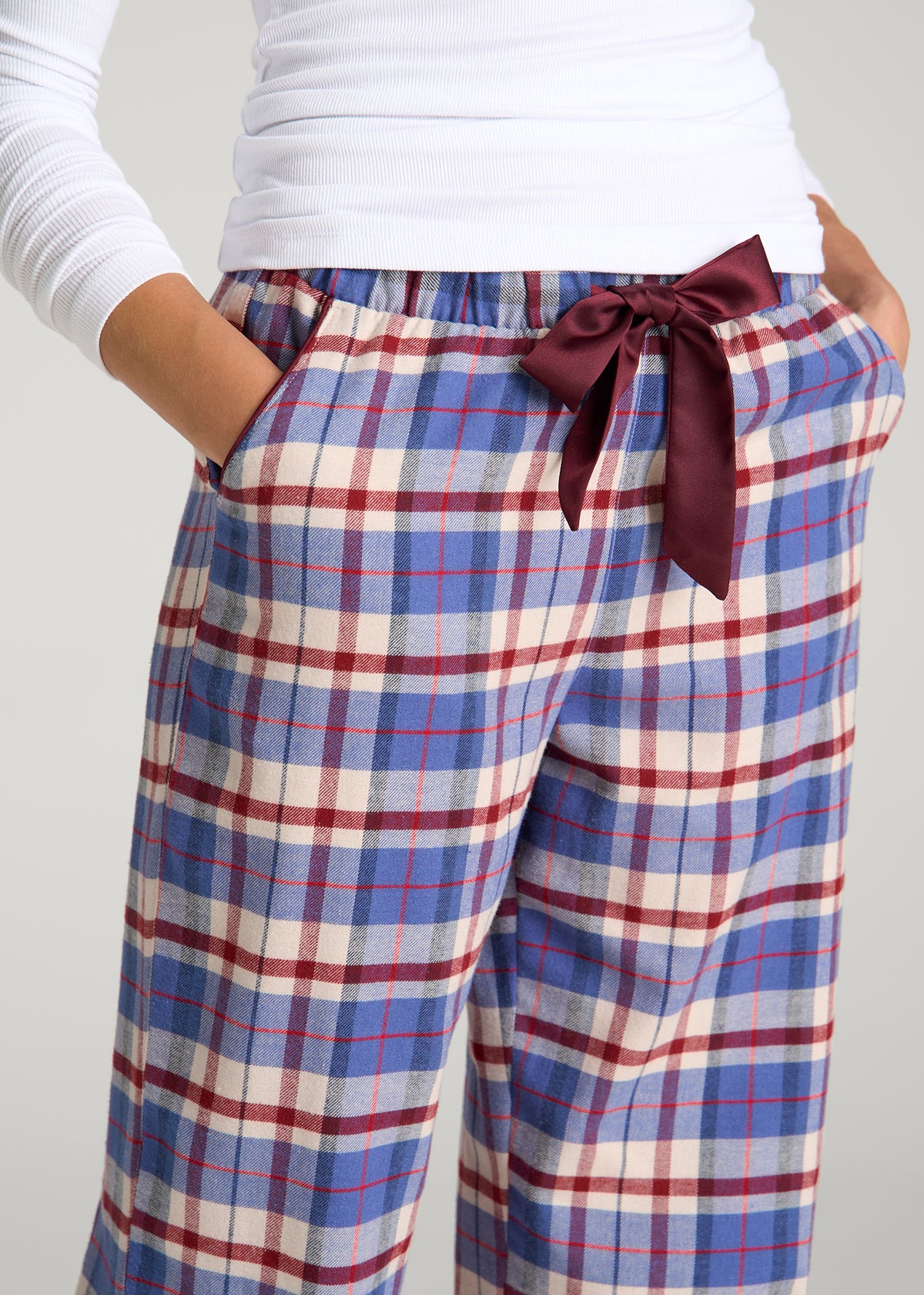 Tie Waist Flannel Pajama Pants for Tall Women in Cobalt and Red Plaid