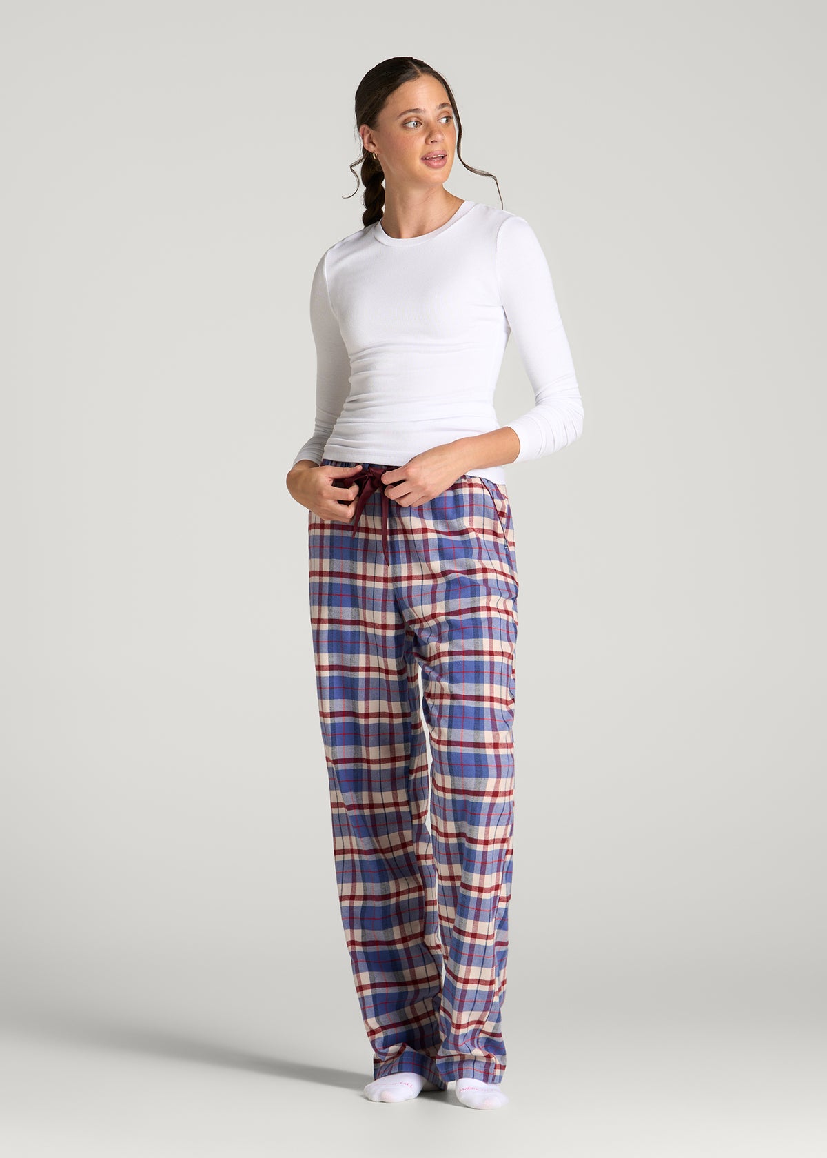 Tie Waist Flannel Pajama Pants for Tall Women in Cobalt and Red Plaid