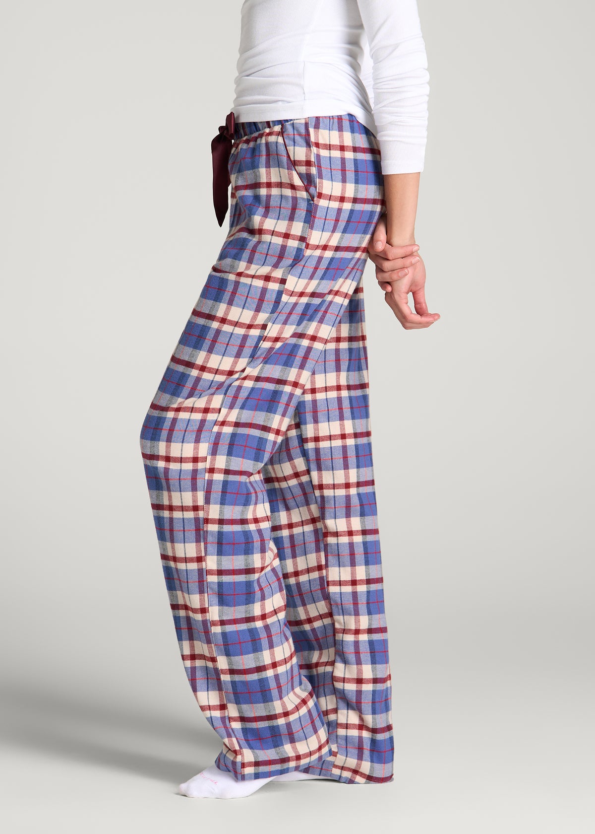 Tie Waist Flannel Pajama Pants for Tall Women in Cobalt and Red Plaid