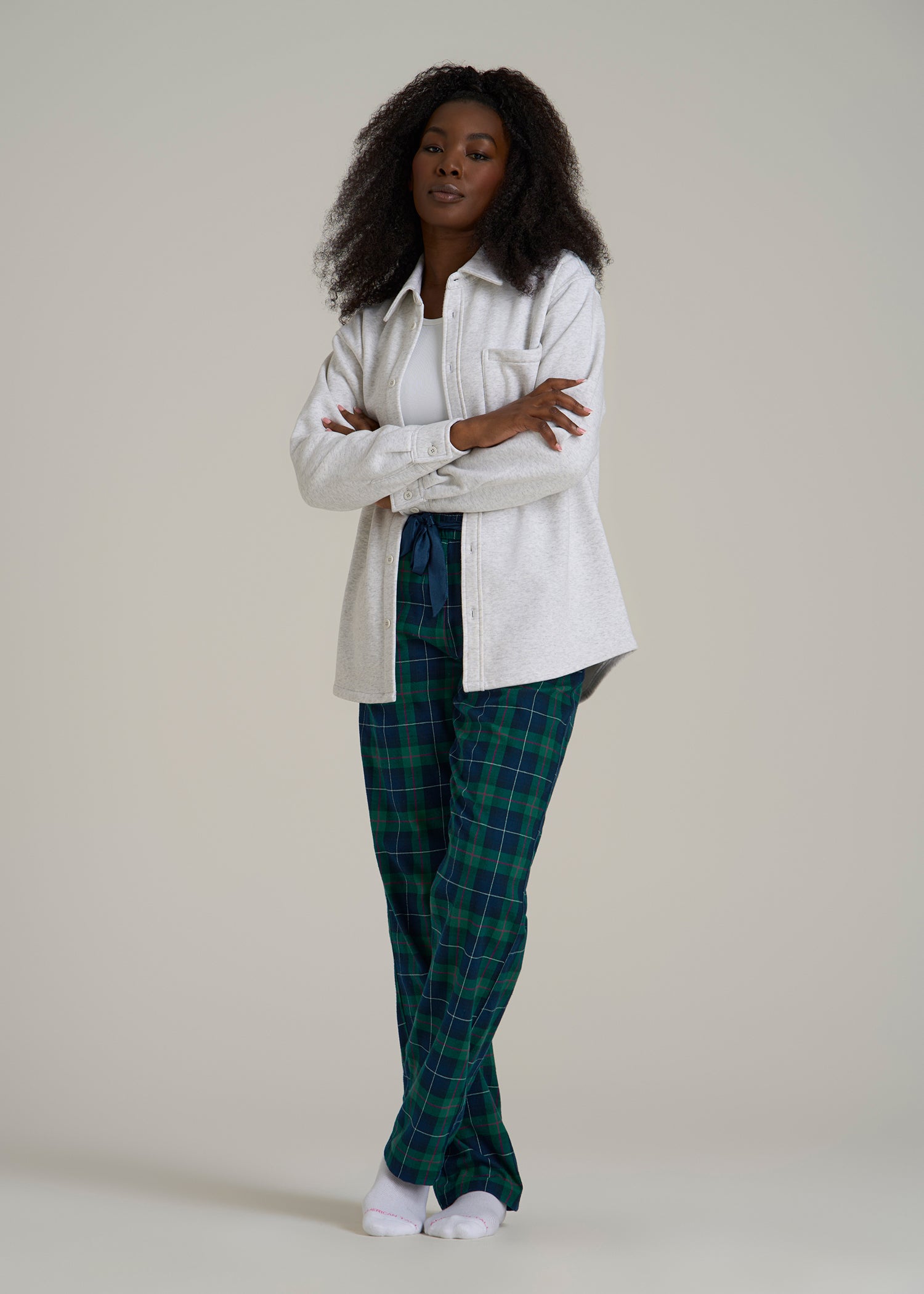Tie Waist Flannel Pajama Pants for Tall Women in Green and Blue Plaid