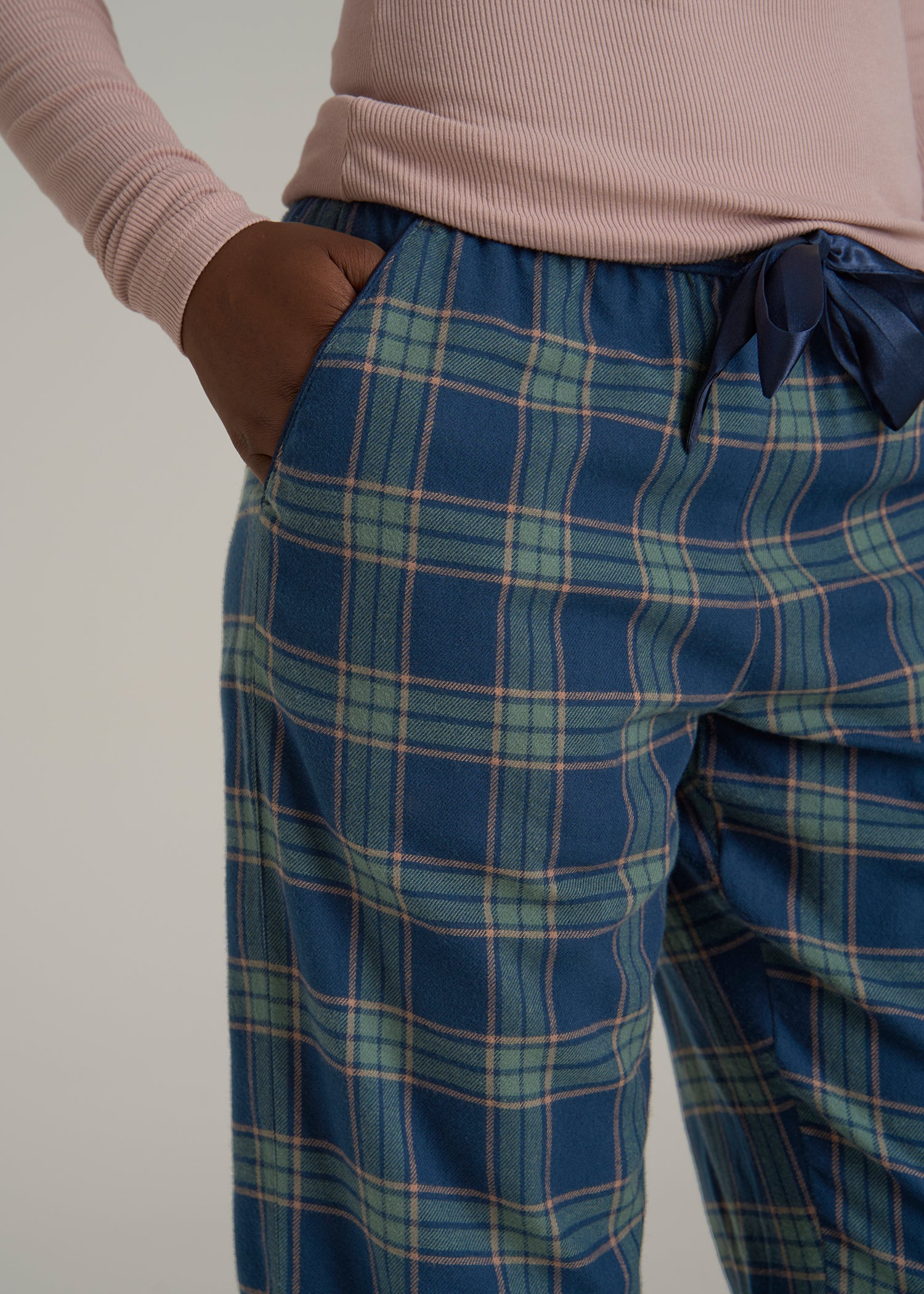 Tie Waist Flannel Pajama Pants for Tall Women in Navy and Balsam Green Plaid