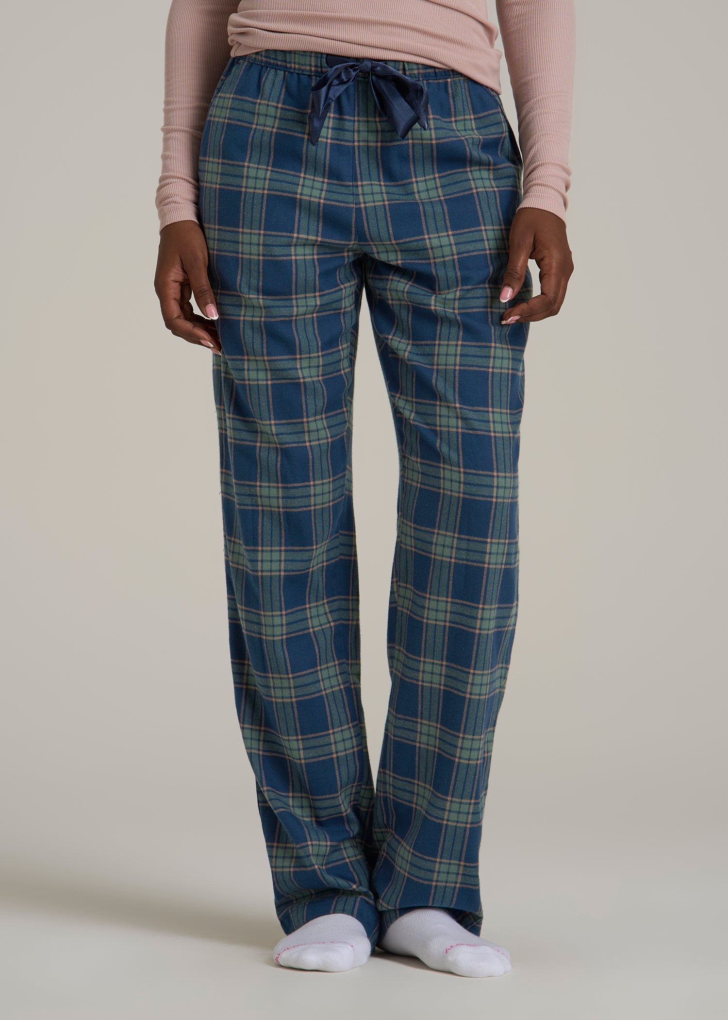 Tie Waist Flannel Pajama Pants for Tall Women in Navy and Balsam Green Plaid