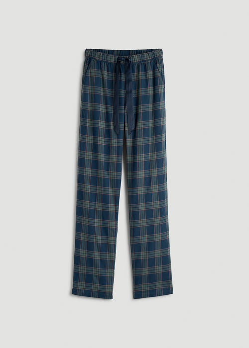 Tie Waist Flannel Pajama Pants for Tall Women in Navy and Balsam Green Plaid