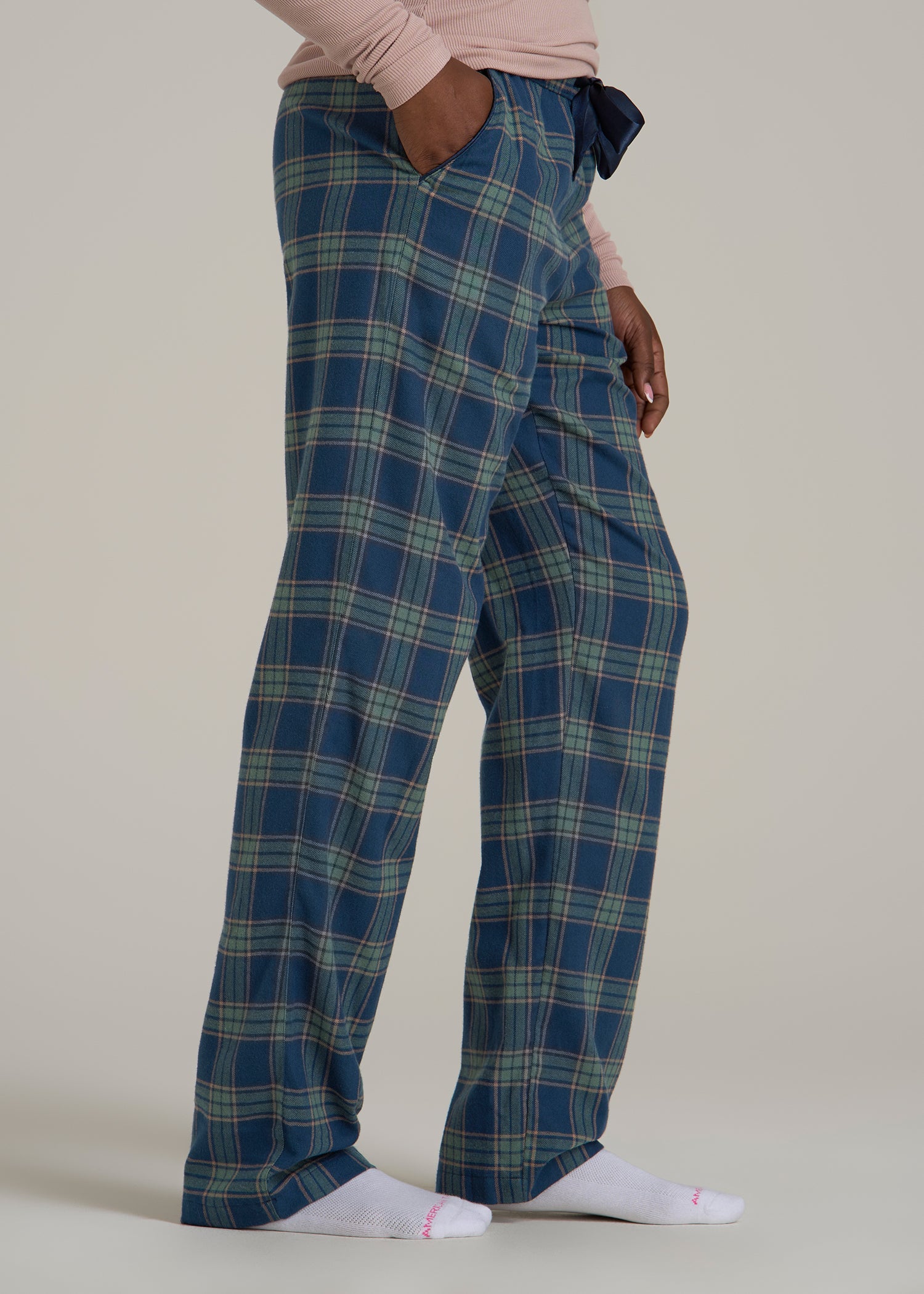 Tie Waist Flannel Pajama Pants for Tall Women in Navy and Balsam Green Plaid