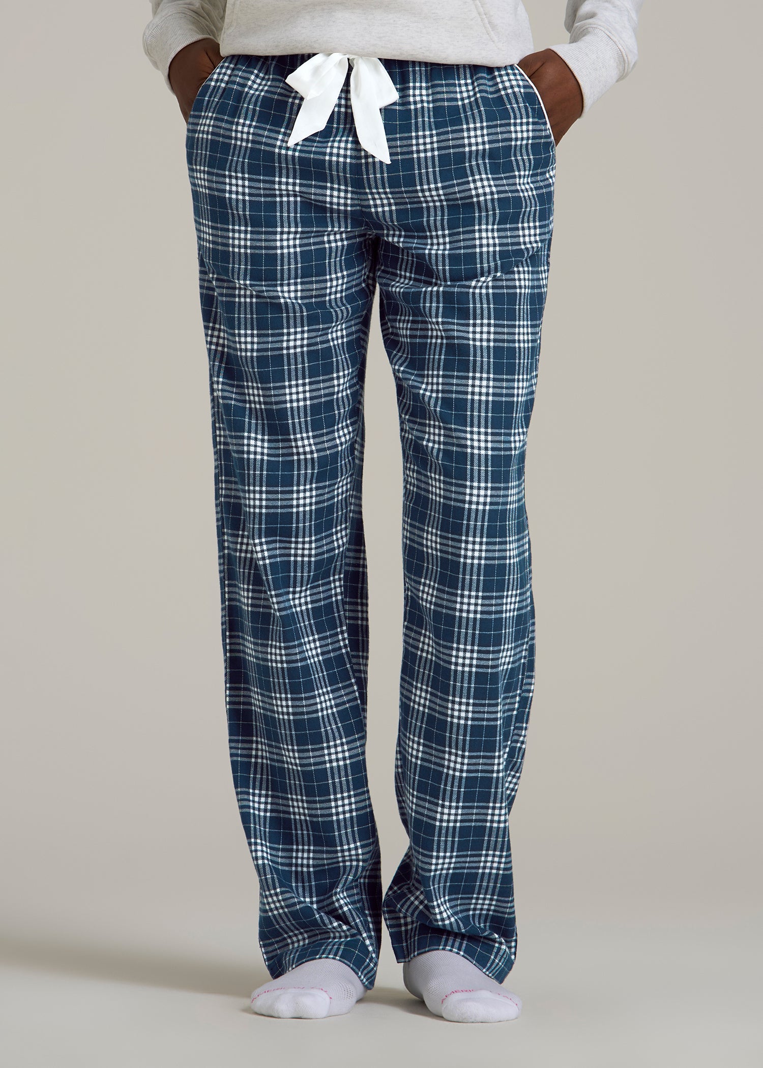 Tie Waist Flannel Pajama Pants for Tall Women in Navy and White Plaid