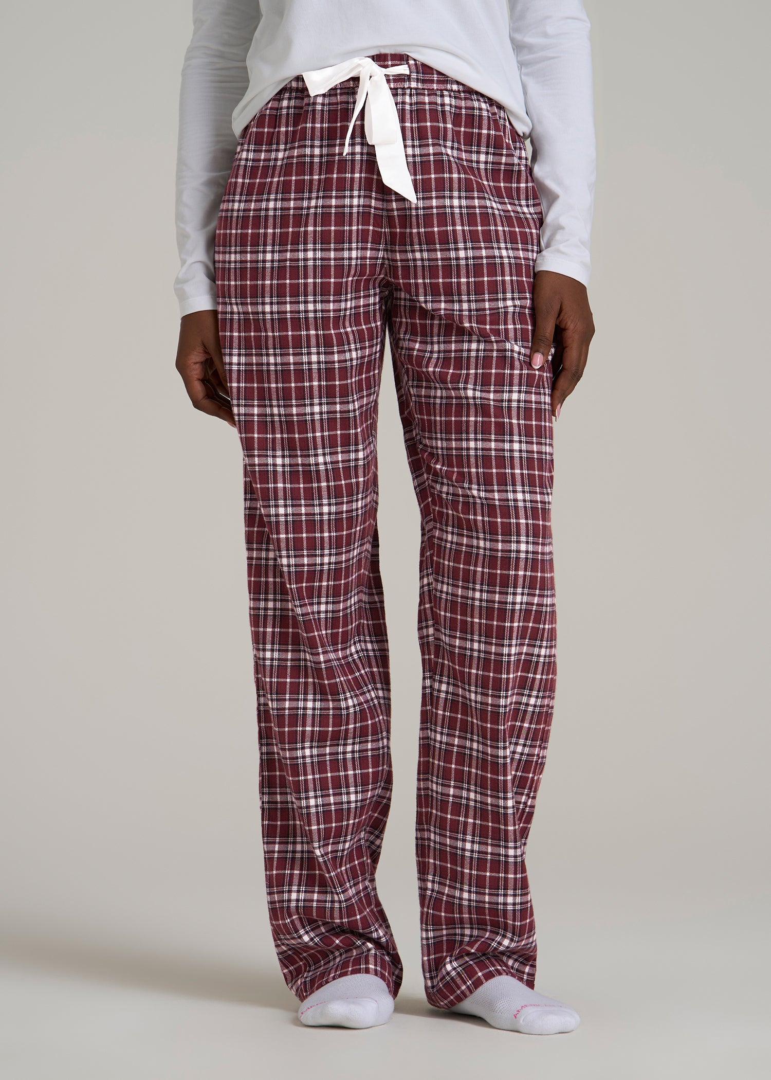 Tie Waist Flannel Pajama Pants for Tall Women in Wine and Grey Lilac Plaid