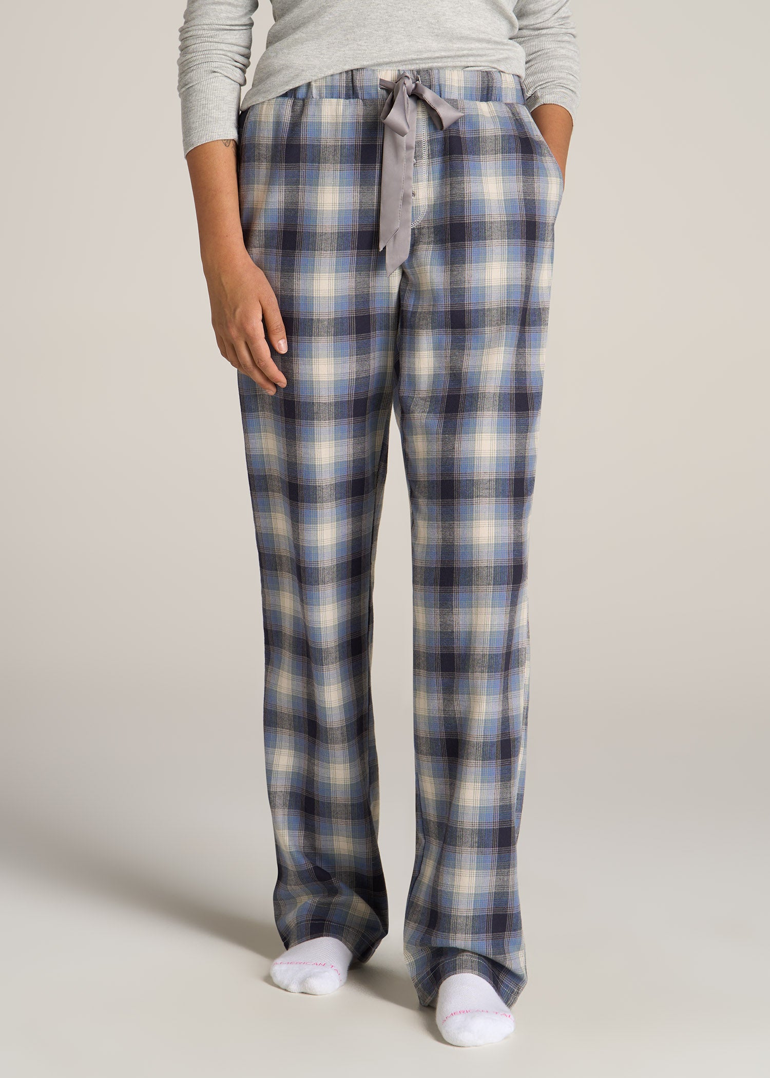 Open-Bottom Flannel Women's Tall Pajama Pants in Blue and Grey Weave