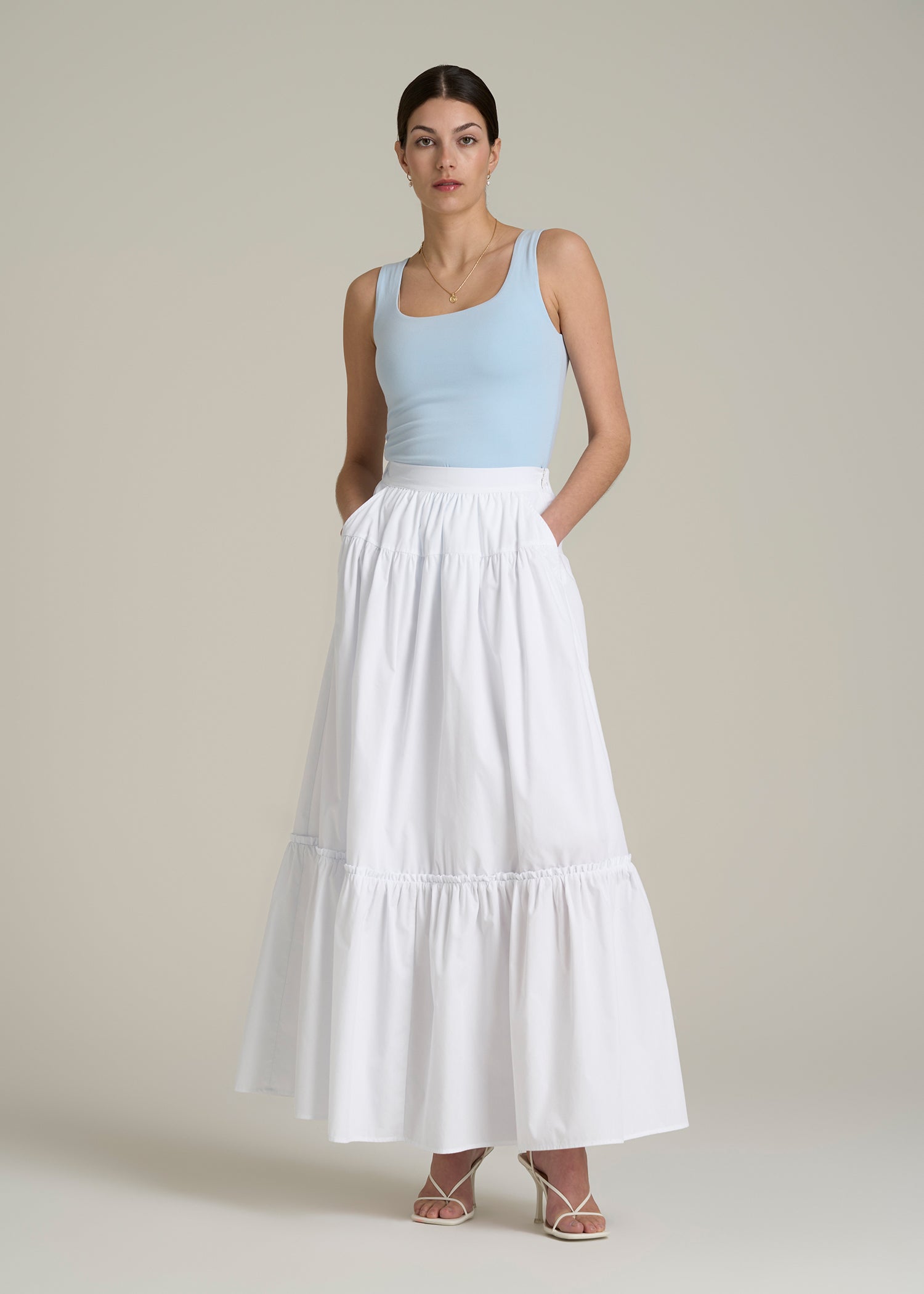 Tiered Cotton Maxi Skirt for Tall Women in White