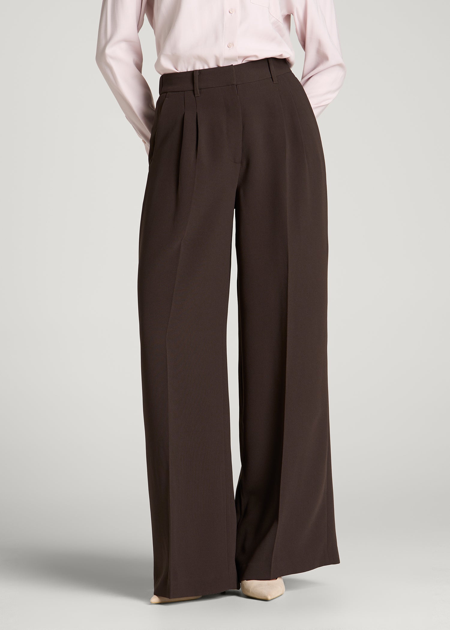 Ultra Wide Crepe Pleated Dress Pants for Tall Women in Espresso