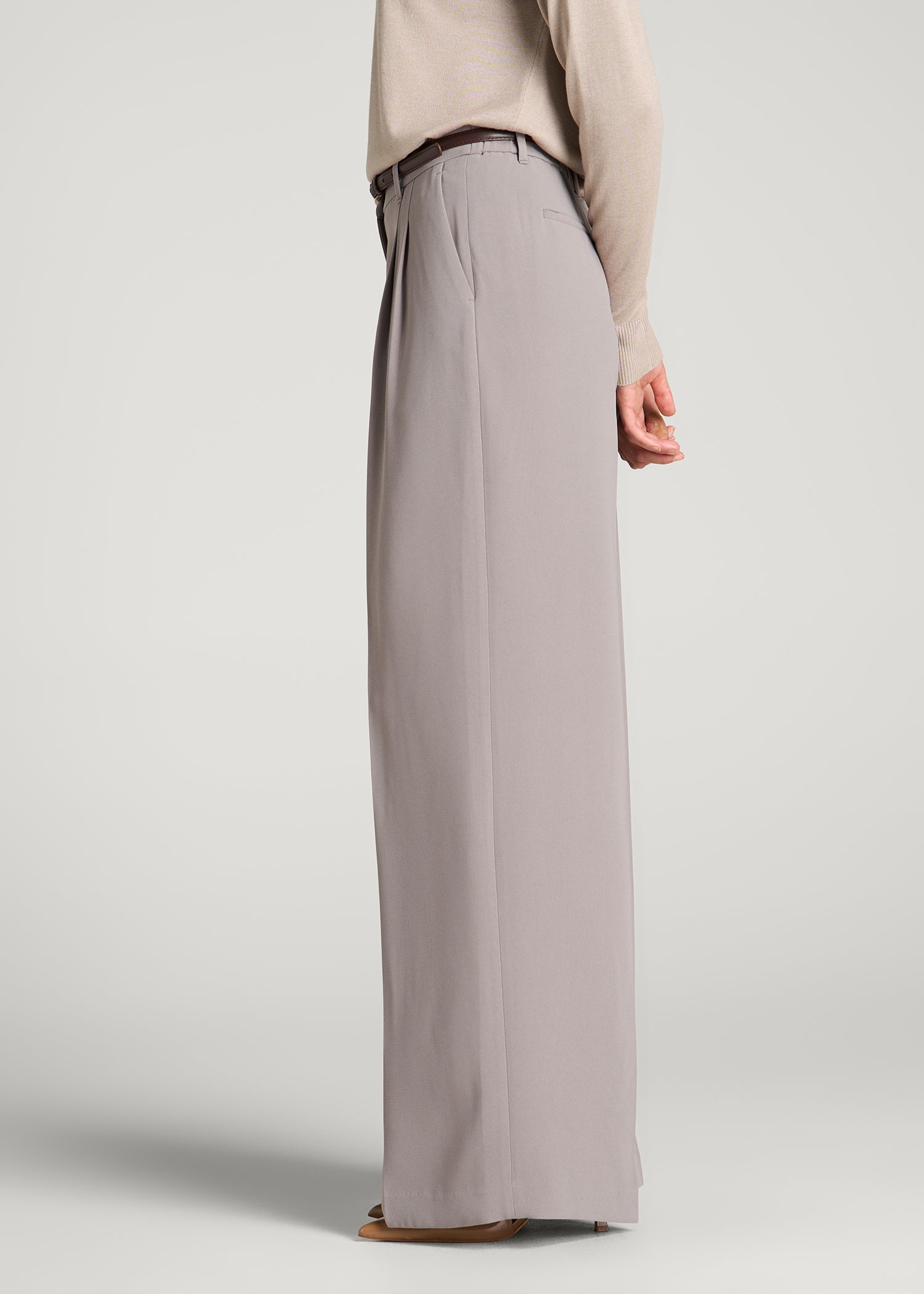 Ultra Wide Crepe Pleated Dress Pants for Tall Women in Moon Rock
