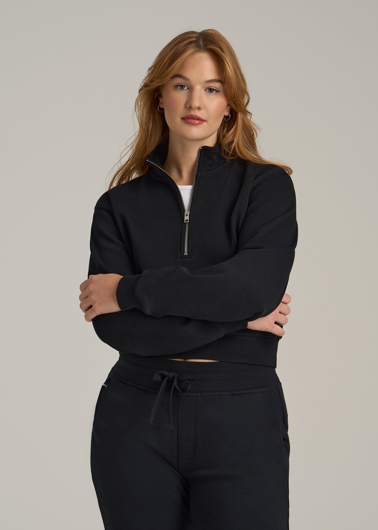 Wearever Fleece Cropped Half-Zip Sweatshirt for Tall Women in Black