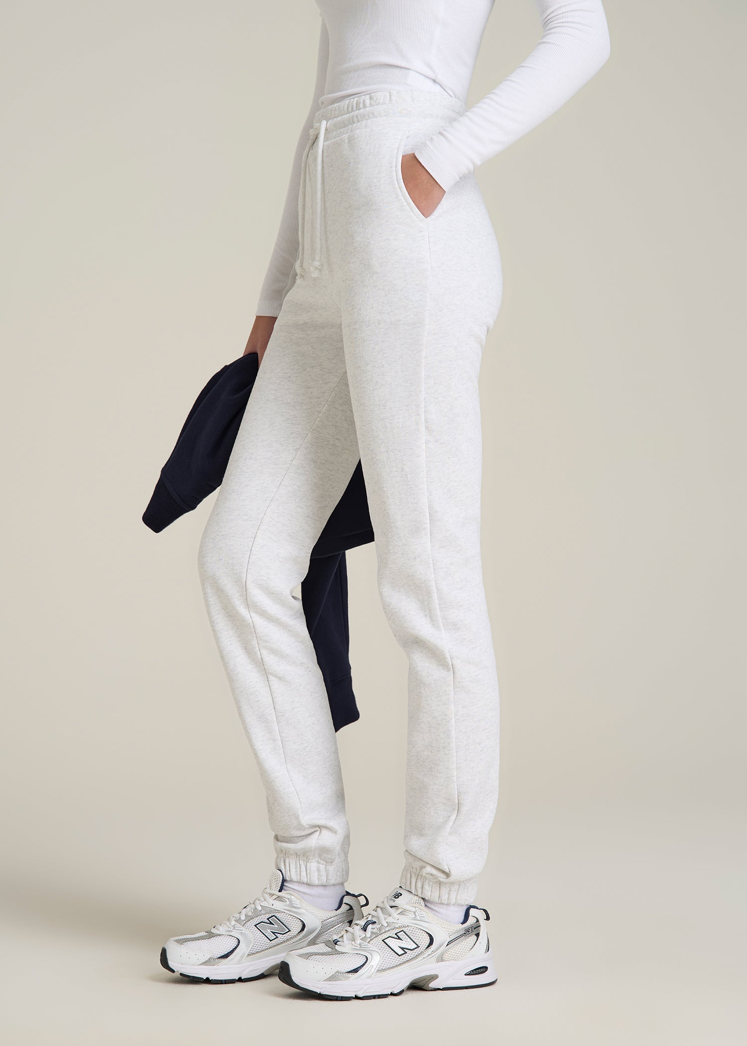 Wearever Fleece Slim Fit High-Waisted Garment Dye Sweatpants for Tall Women in Heather Cloud White