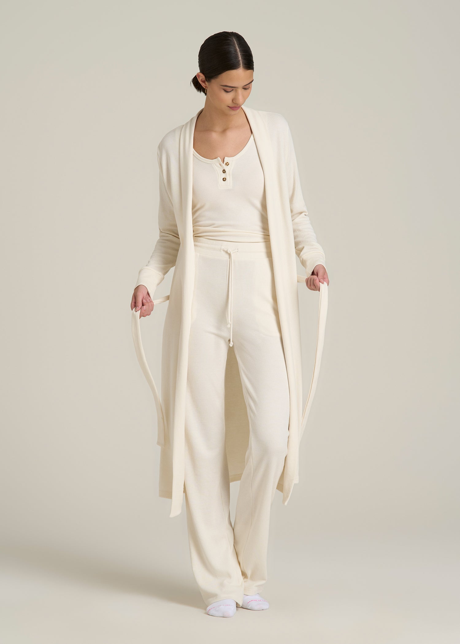 Waffle Lounge Robe for Tall Women in White Alyssum