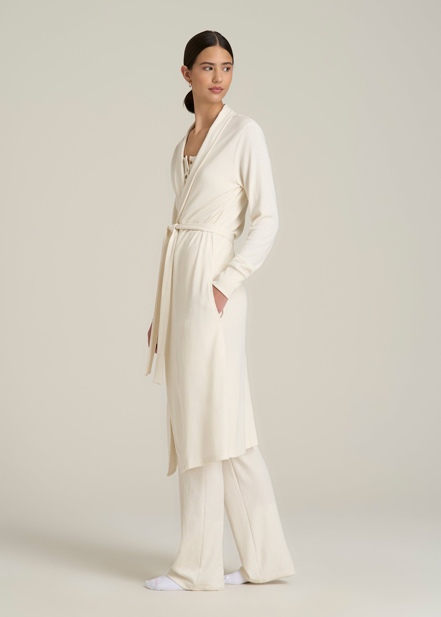Waffle Lounge Robe for Tall Women in White Alyssum