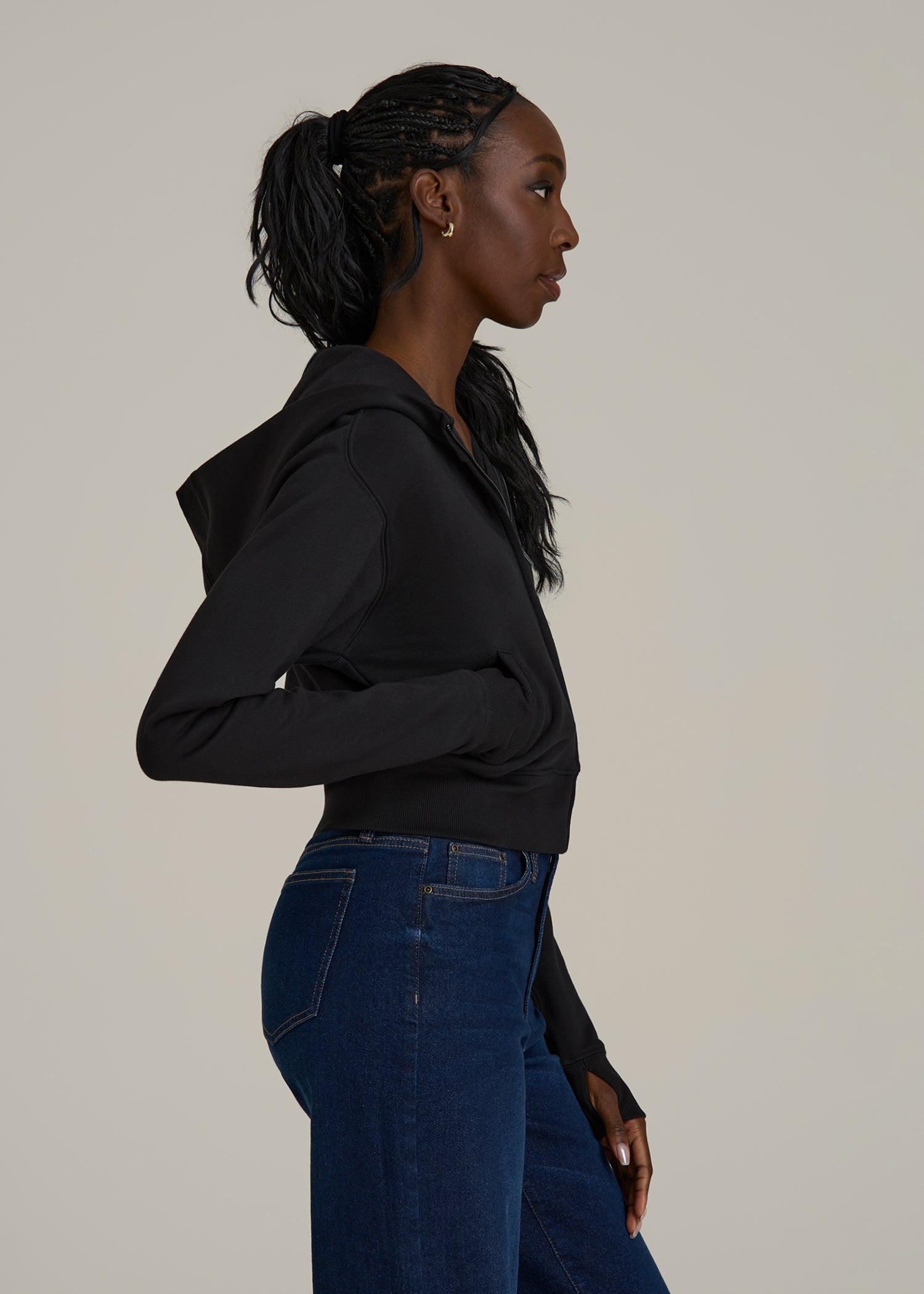 Wearever Fleece Cropped Zip-Up Hoodie for Tall Women in Black