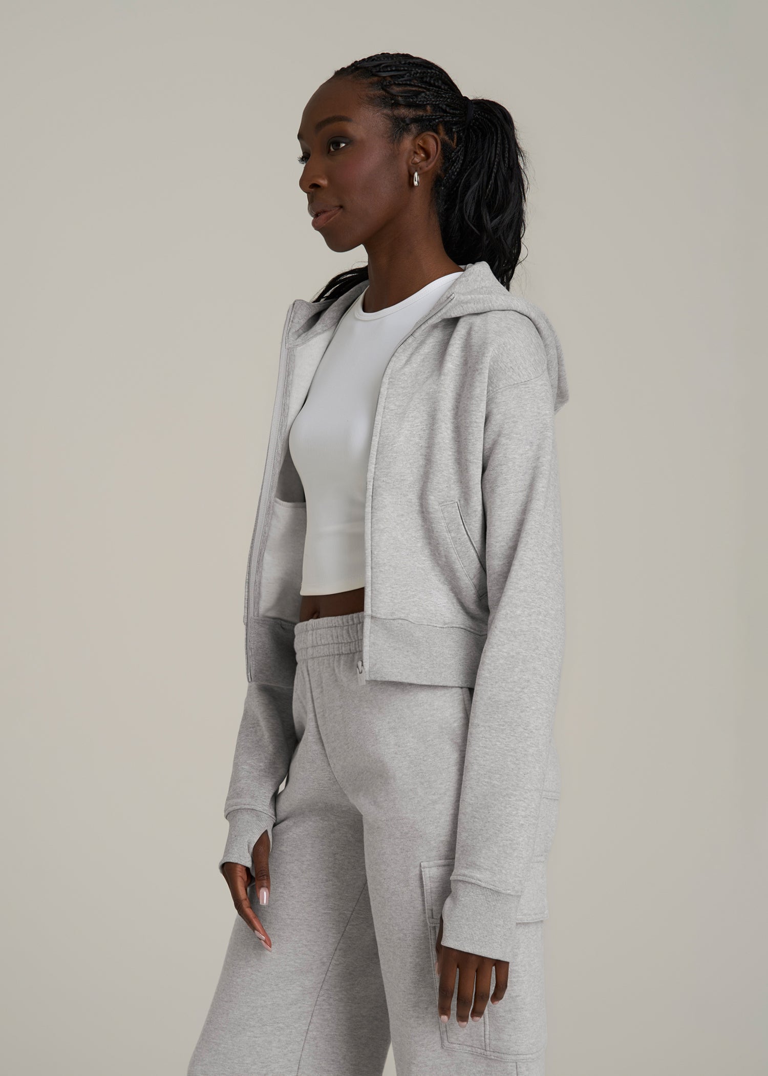 Wearever Fleece Cropped Zip-Up Hoodie for Tall Women in Grey Mix