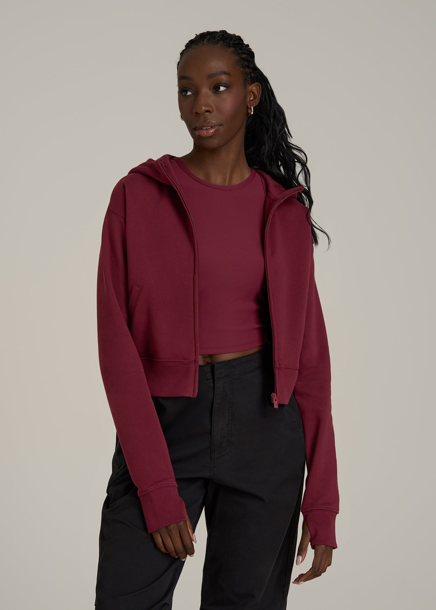 Wearever Fleece Cropped Zip-Up Hoodie for Tall Women in Tawny Port