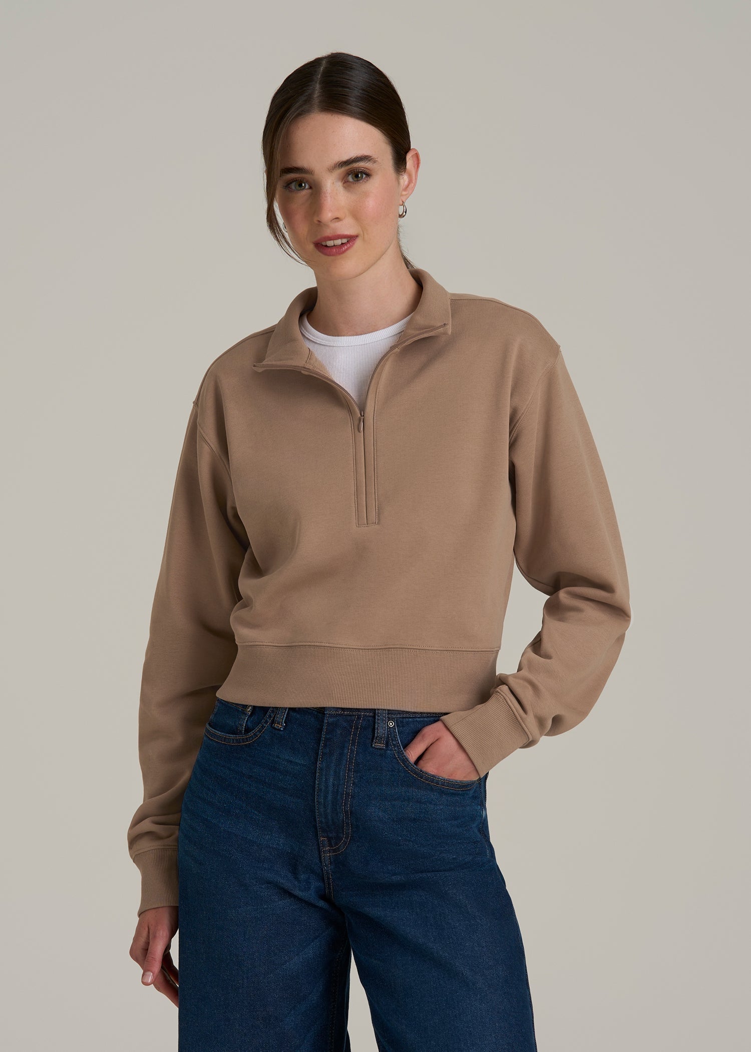 Wearever 2.0 Fleece Half-Zip Cropped Sweatshirt for Tall Women in Woodsmoke