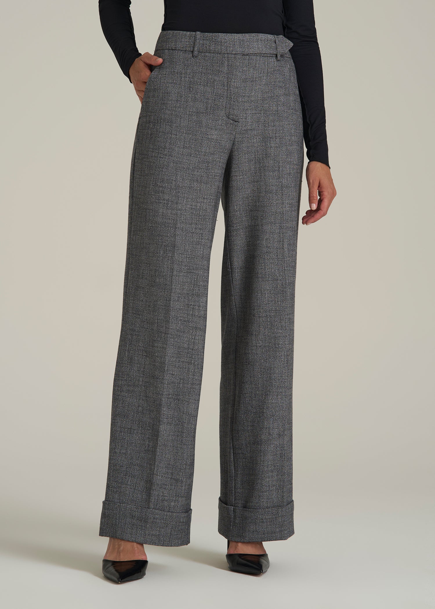 Wide-Leg Cuffed Pants for Tall Women in Black and Grey Tweed