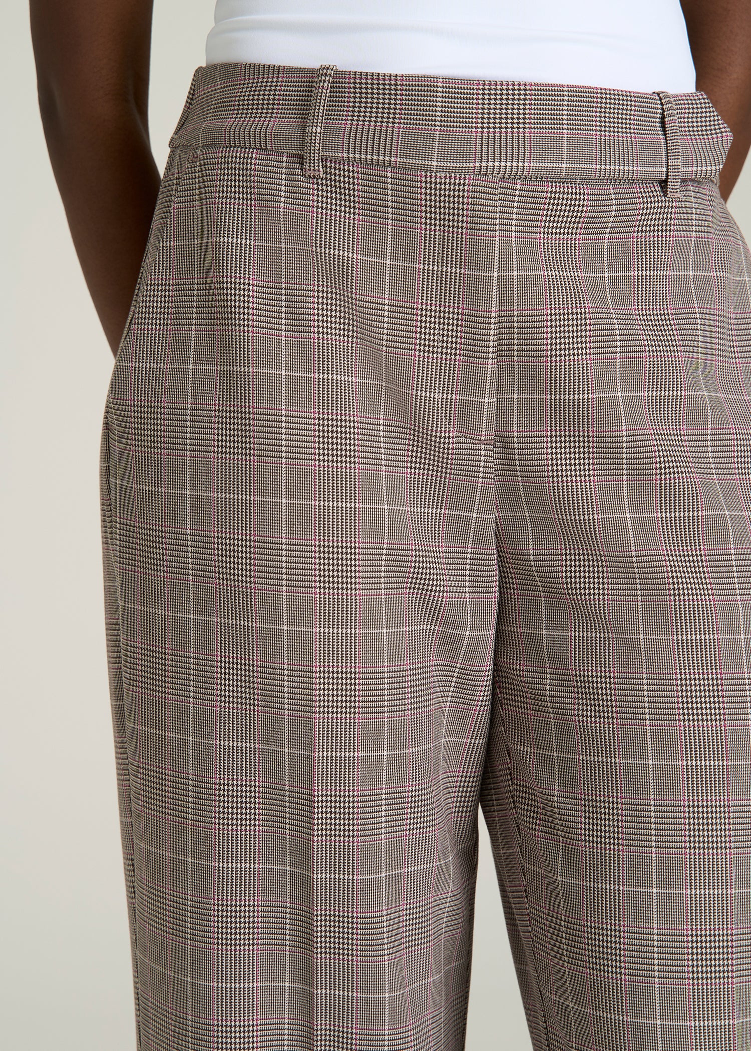 Wide-Leg Cuffed Pants for Tall Women in Espresso and Magenta Houndstooth