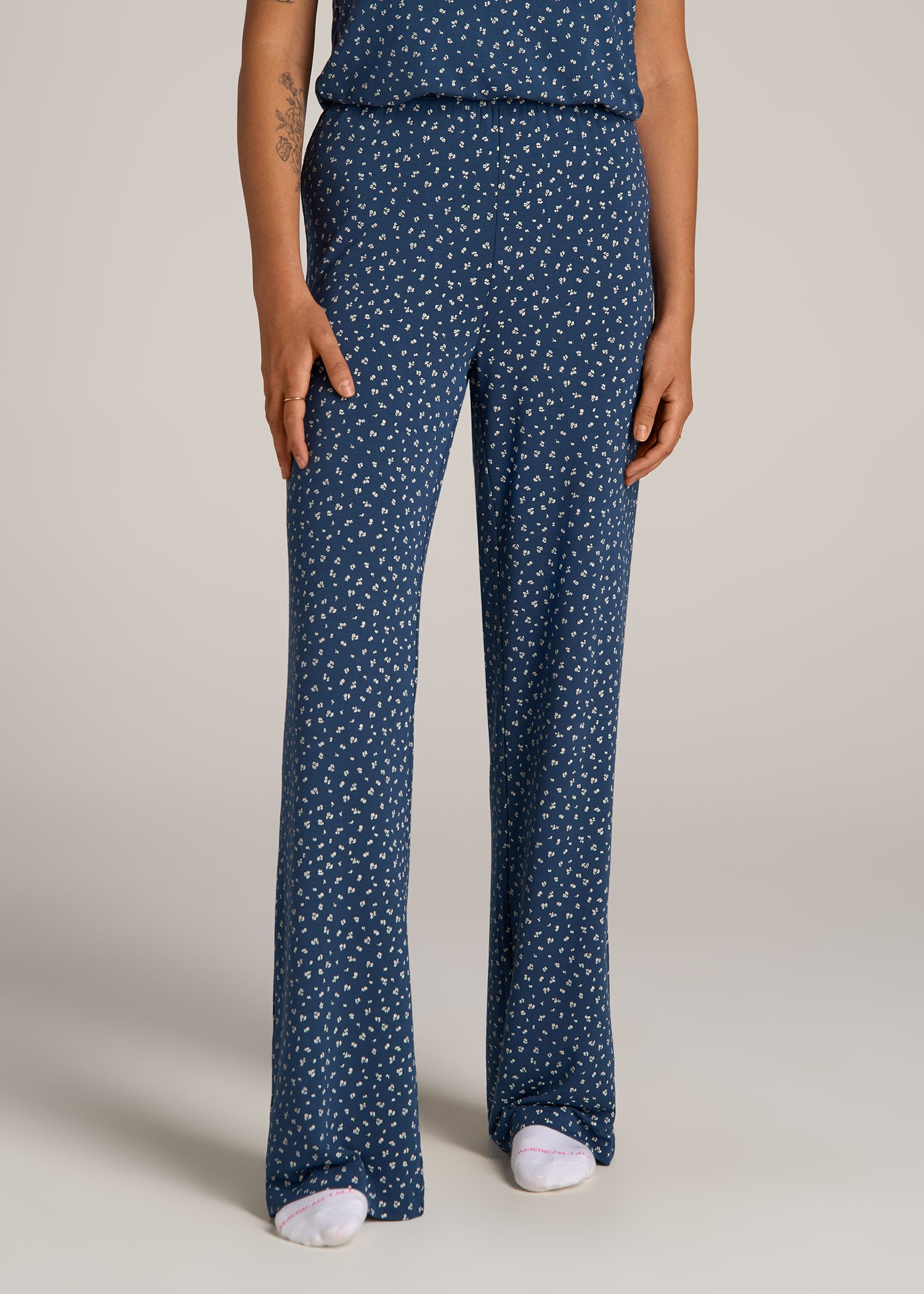 Wide-Leg Pajama Pants for Tall Women in Blue Ditsy Floral Print