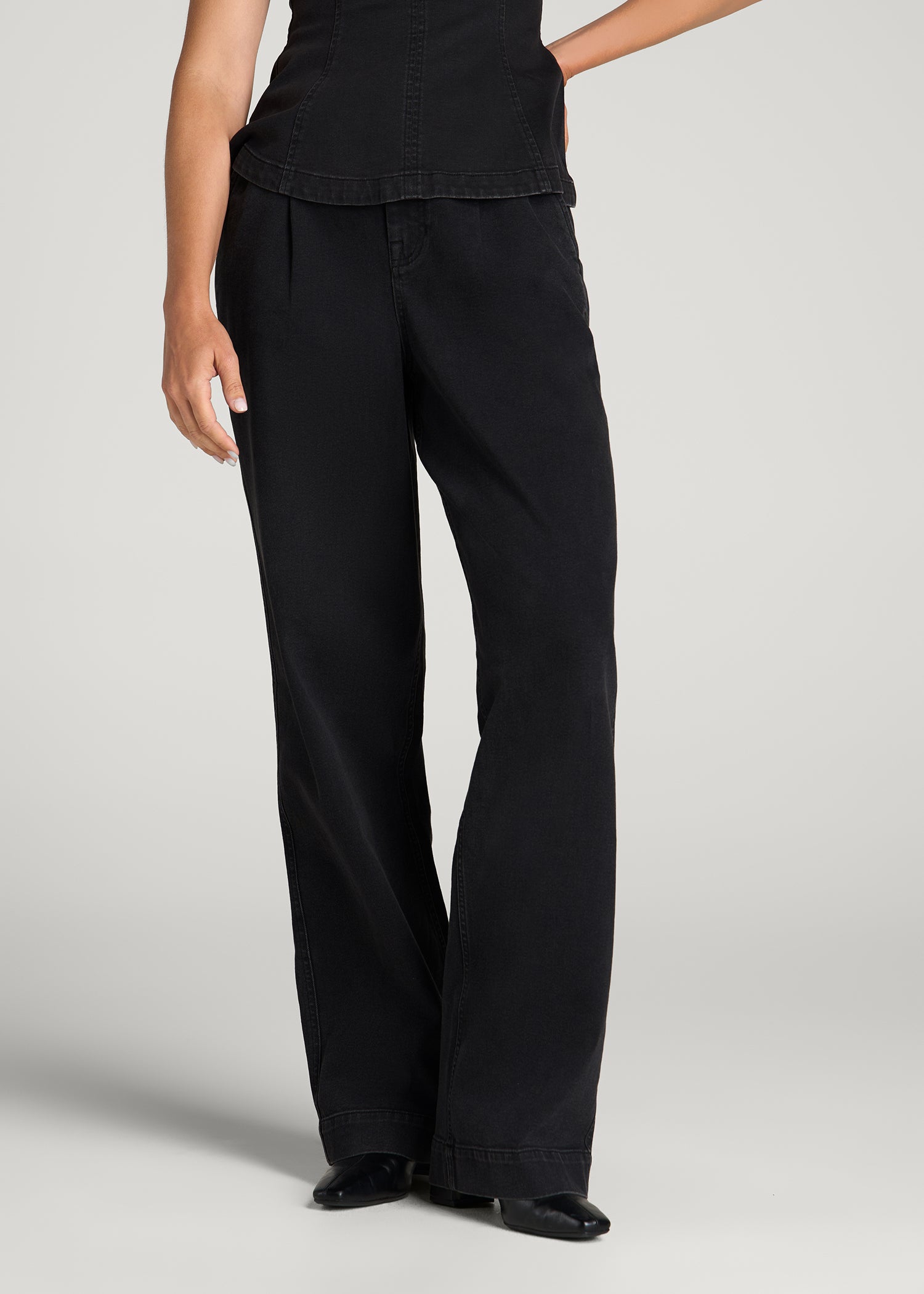 womens denim dress slacks Wide Leg Pleated Trousers for Tall Women in Onyx Black Wash sneaker-nh:Classic Low Top ARRANGE drape One Shoulder Dry clean only. Size:38 / US 14.5