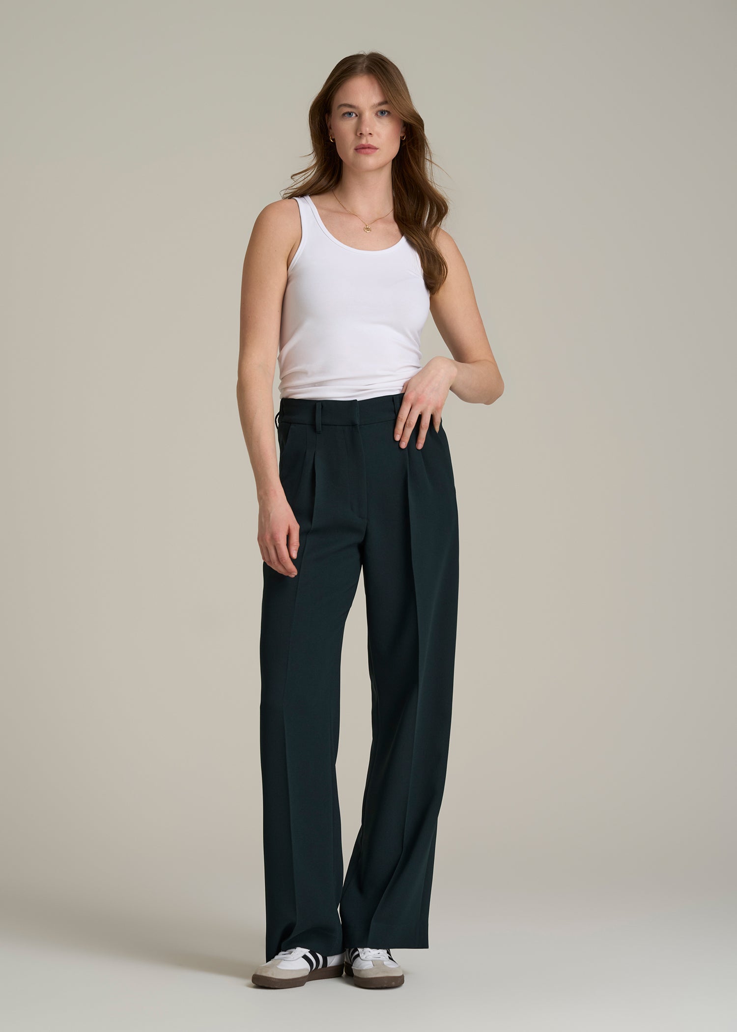 Wide Leg Pleated Dress Pants 2.0 for Tall Women in Midnight Green