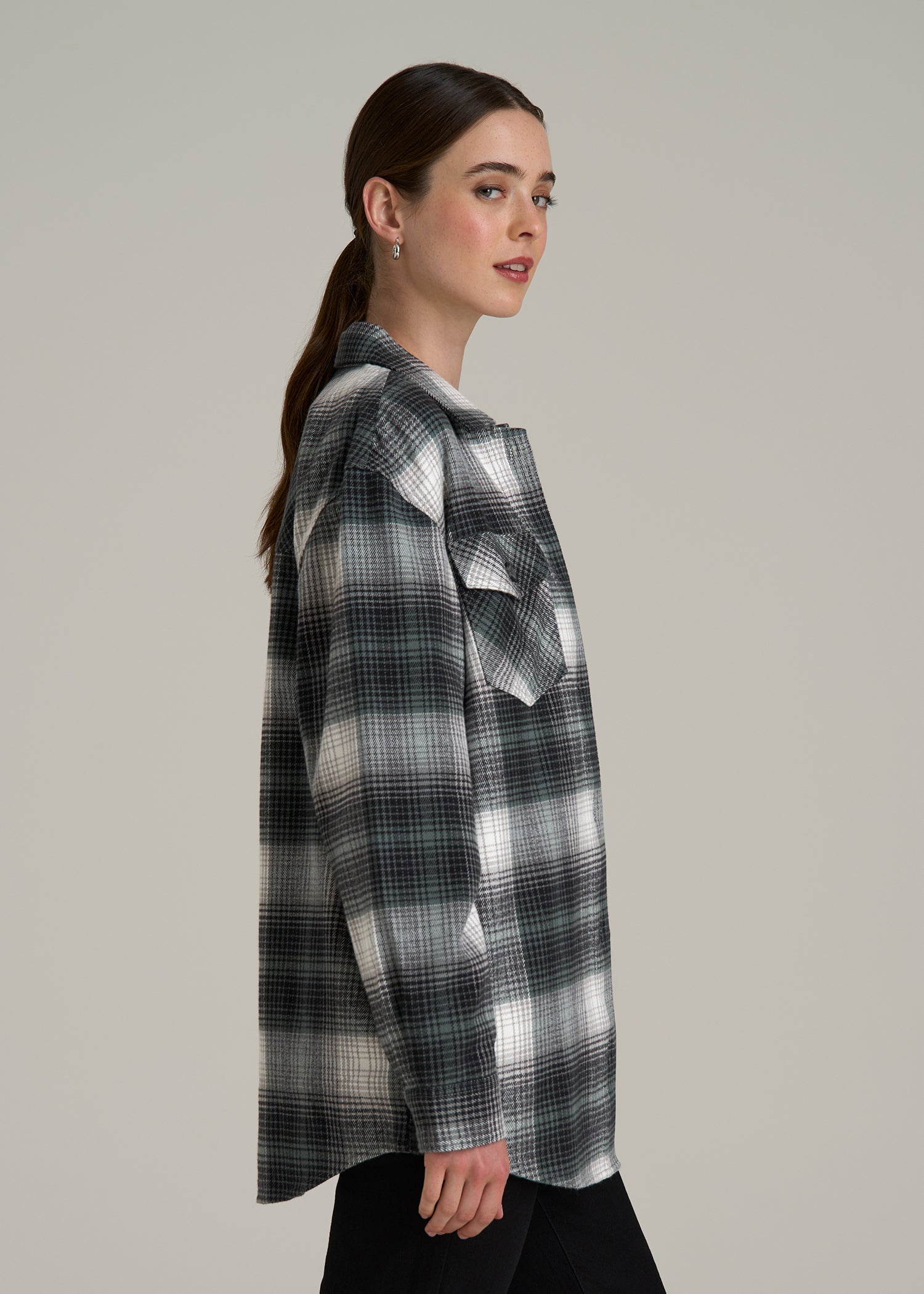 Flannel Shacket for Tall Women in Balsam Green Plaid