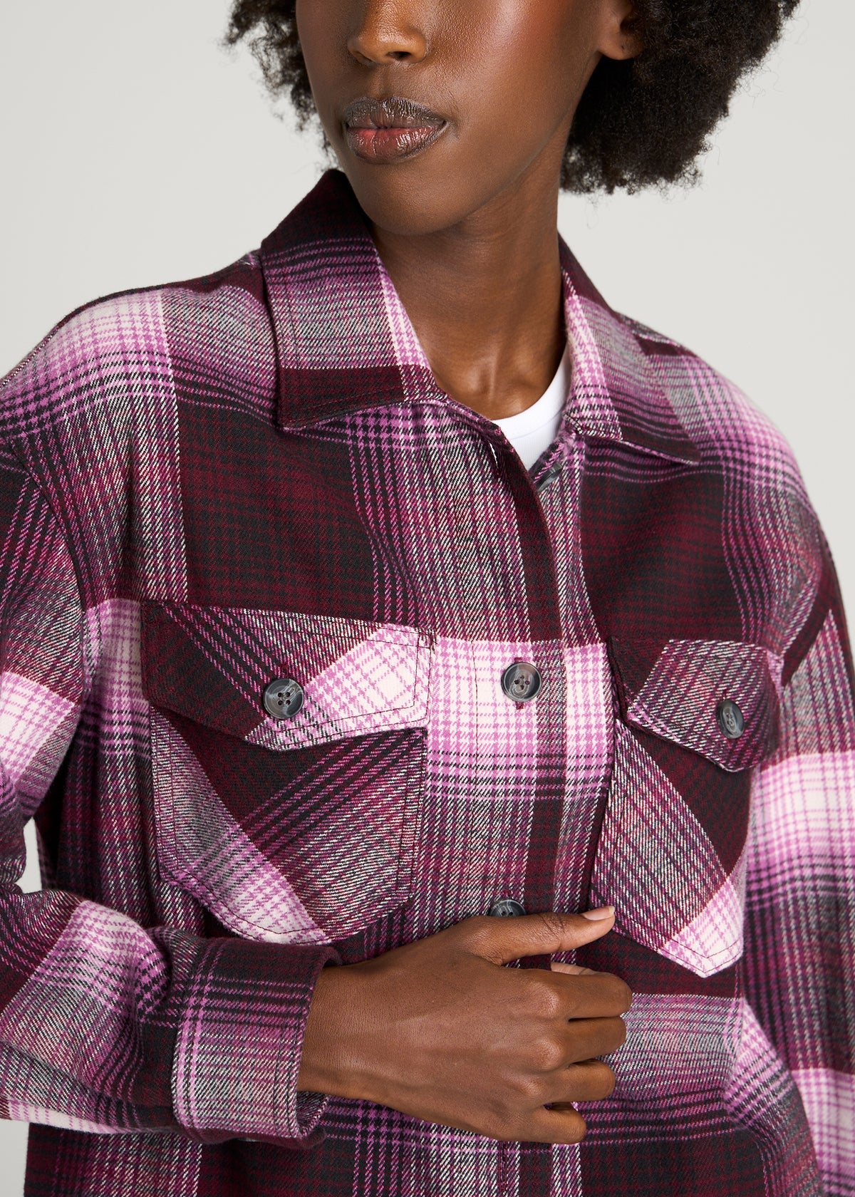 Flannel Shacket for Tall Women in Tawny Port Plaid