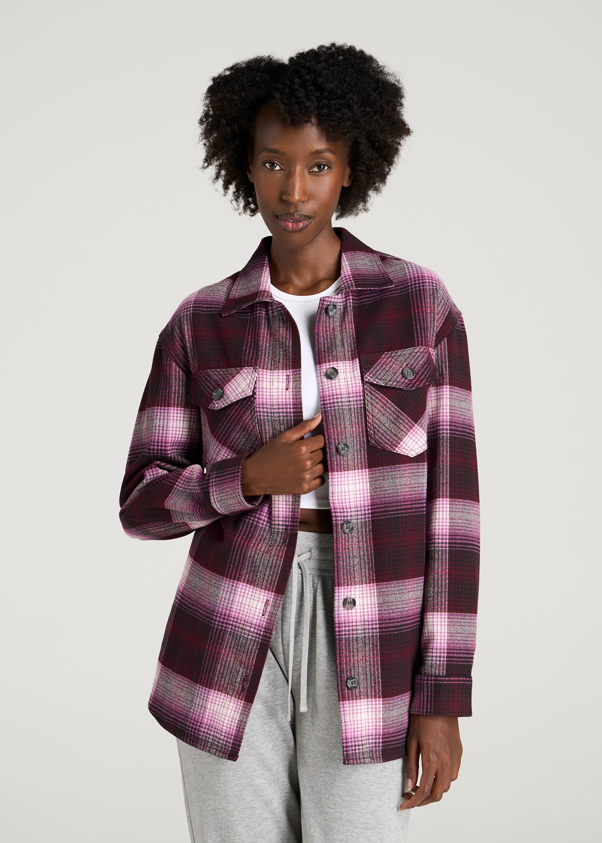 Flannel Shacket for Tall Women in Tawny Port Plaid