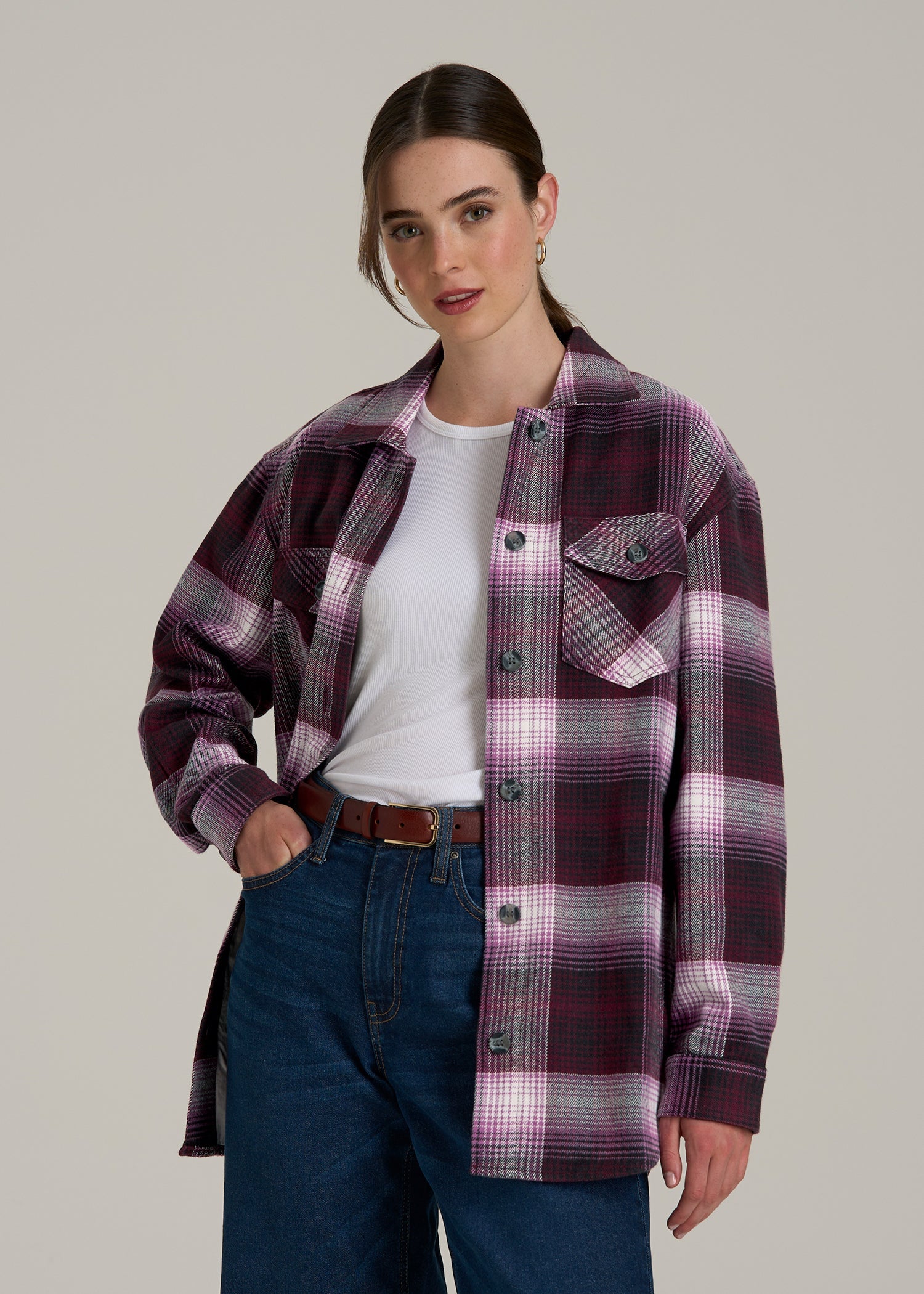 Plaid Shacket Purple Plaid Shirt Jacket Flannel Shacket For Tall