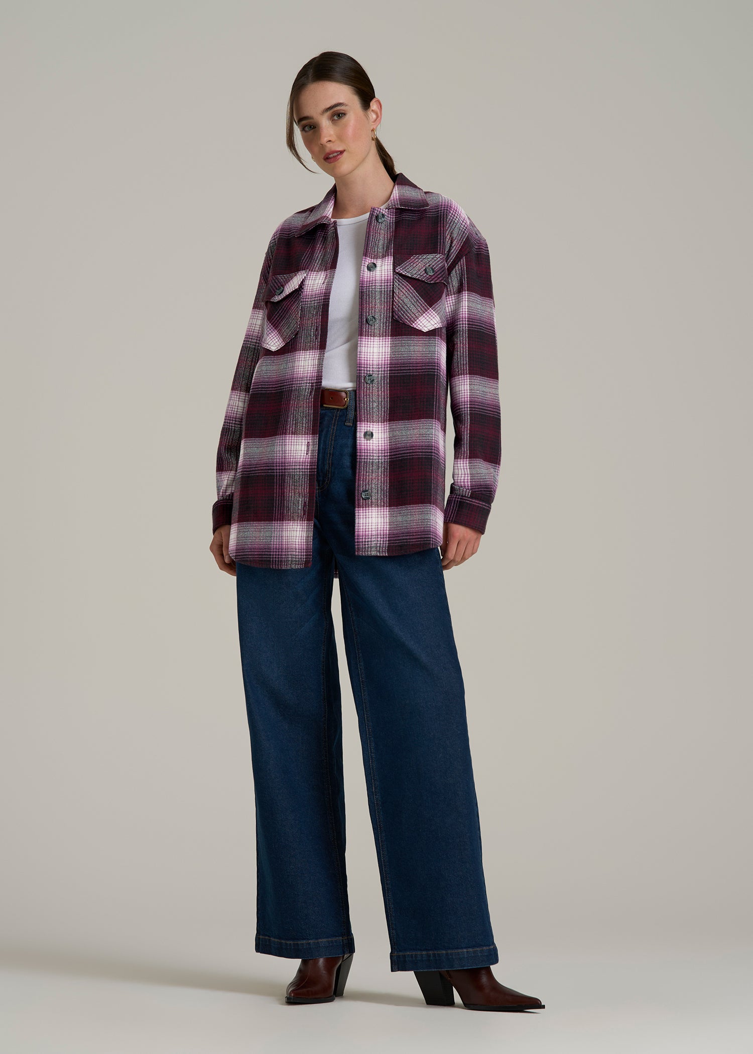 Flannel Shacket for Tall Women in Tawny Port Plaid