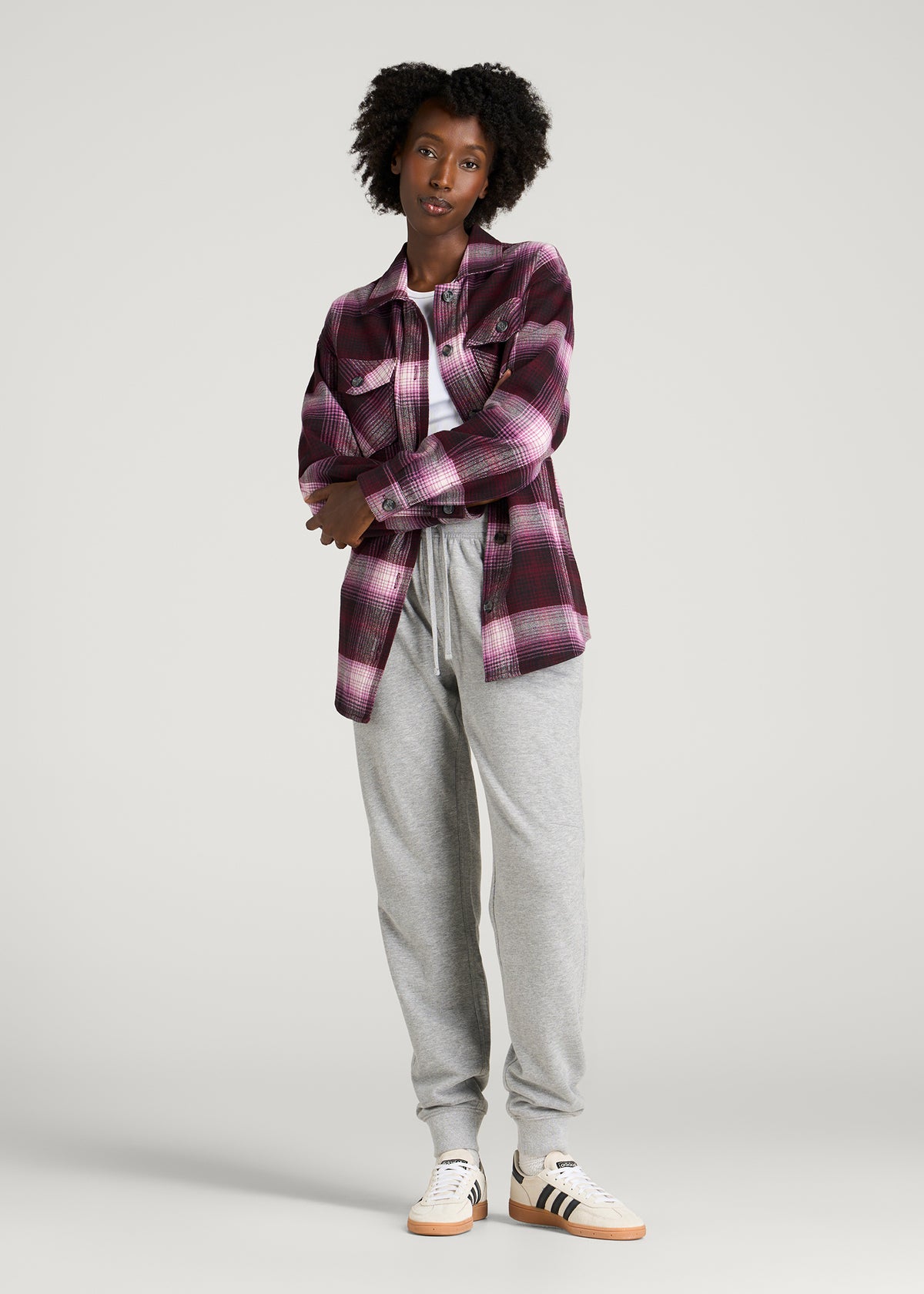 Flannel Shacket for Tall Women in Tawny Port Plaid