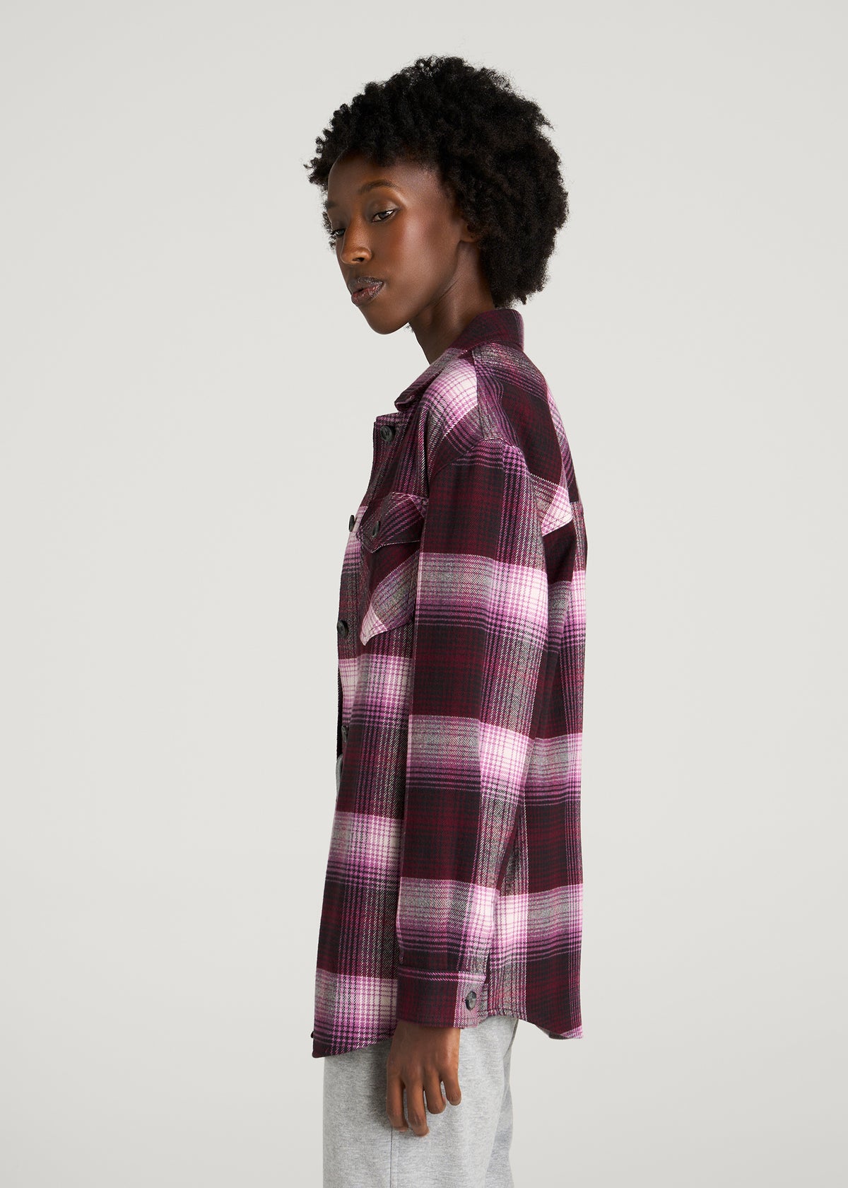 Flannel Shacket for Tall Women in Tawny Port Plaid
