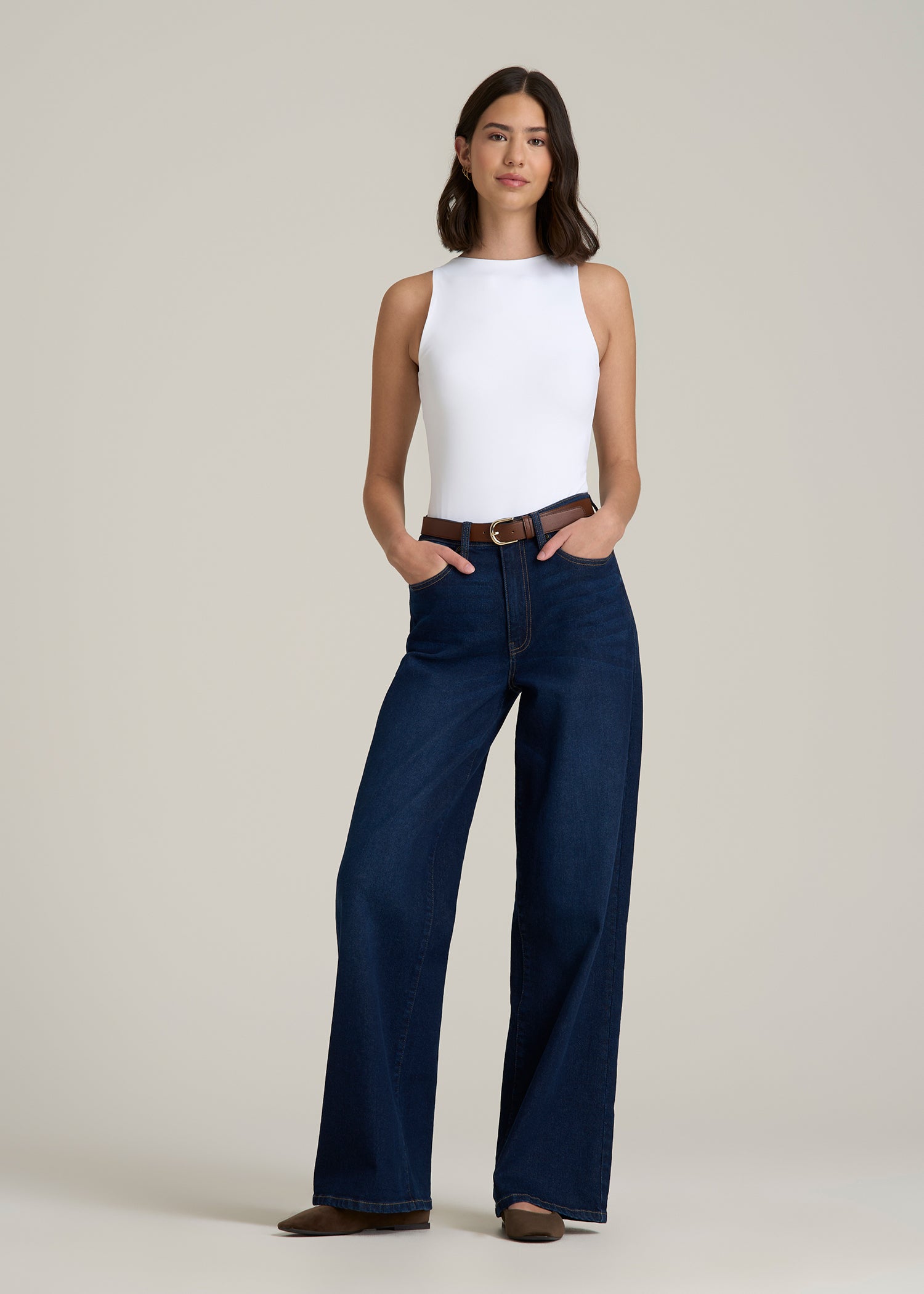 High Crewneck Sleeveless Bodysuit for Tall Women in Bright White