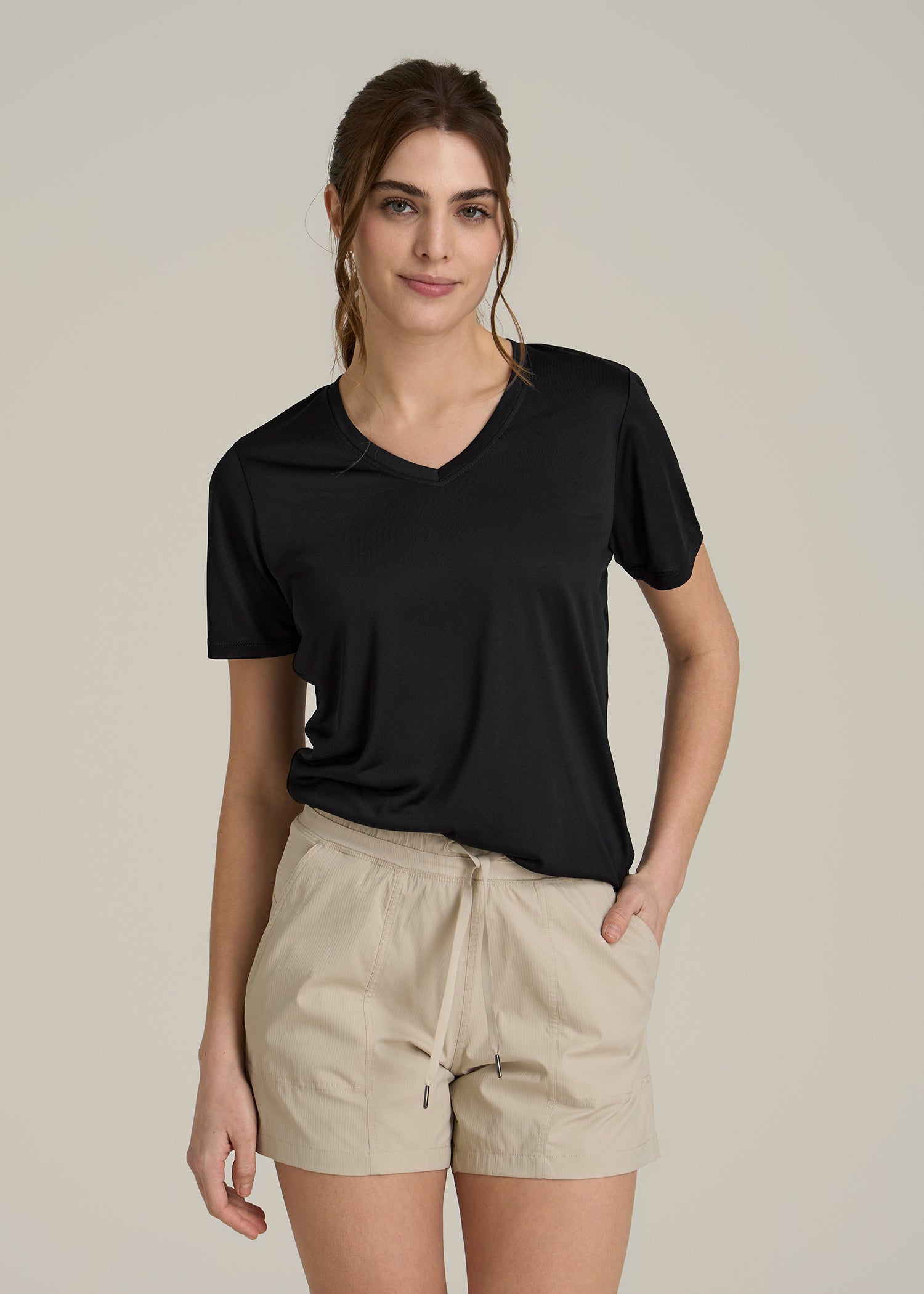 Short Sleeve Active V Neck T-Shirt for Tall Women in Black