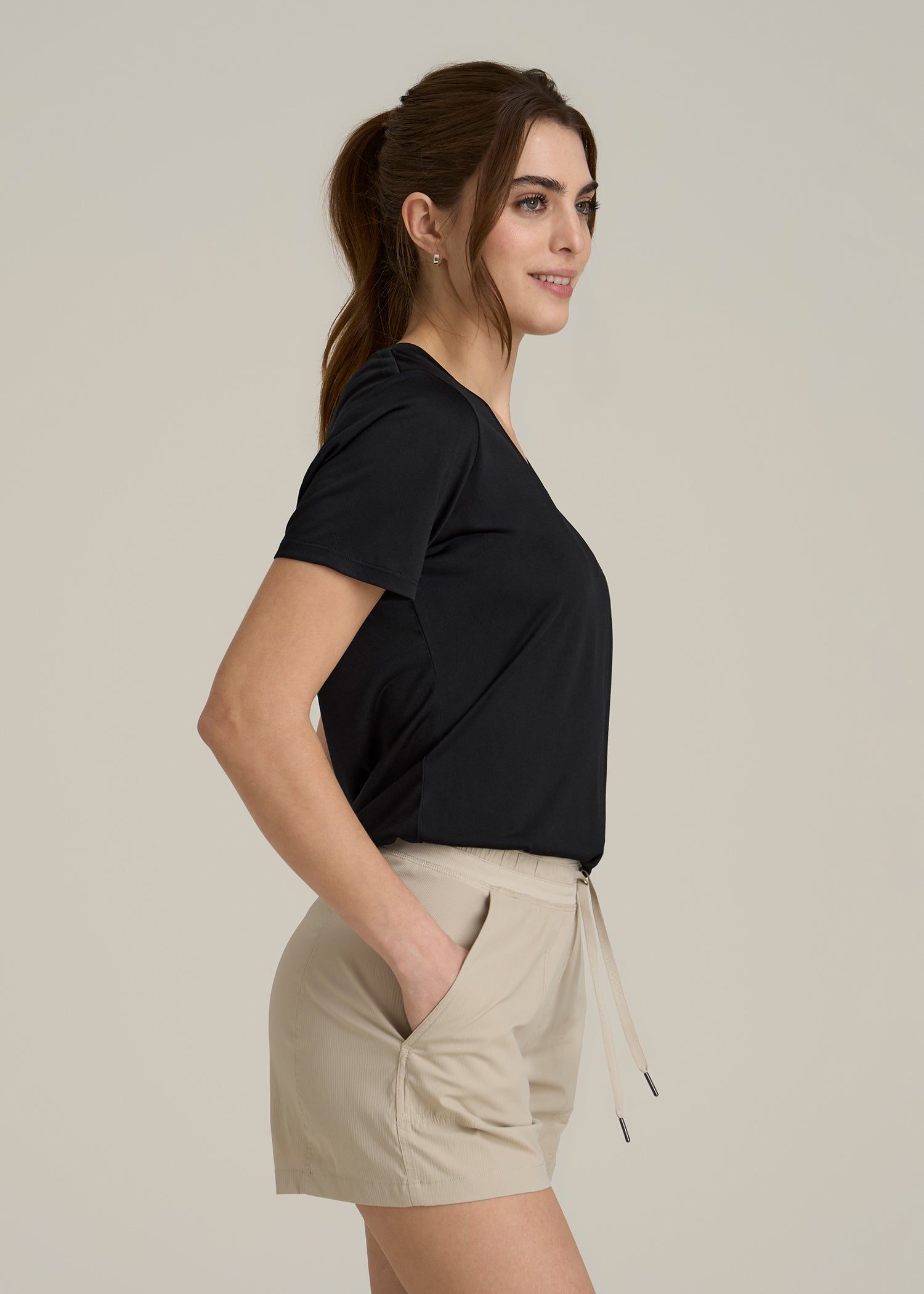 Short Sleeve Active V Neck T-Shirt for Tall Women in Black