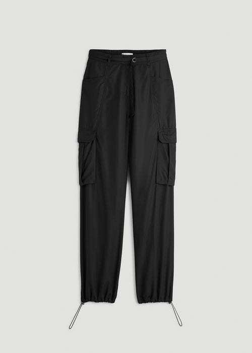 High Rise Cargo Parachute Pants for Tall Women in Black