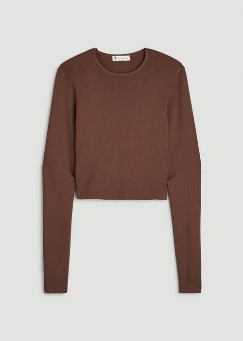 Structured Knit Cropped Long Sleeve Top for Tall Women in Deep Caramel