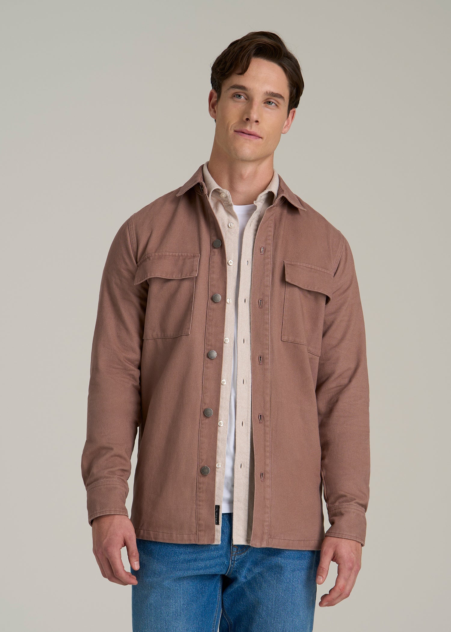 Casual Twill Shirt Jacket for Tall Men in Nutmeg
